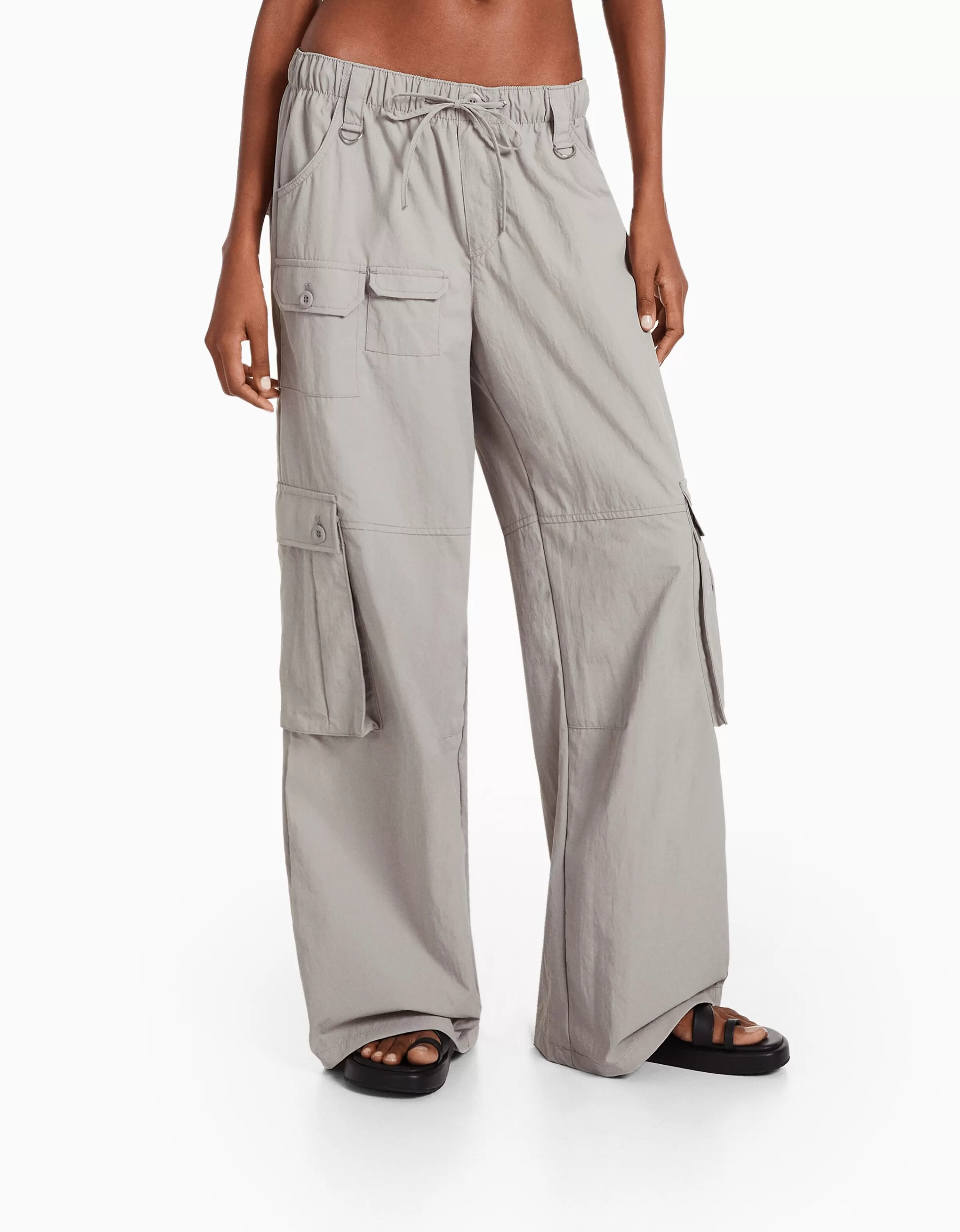 BERSHKA Pantalons*Pantalon cargo wide leg multipoches Kaki