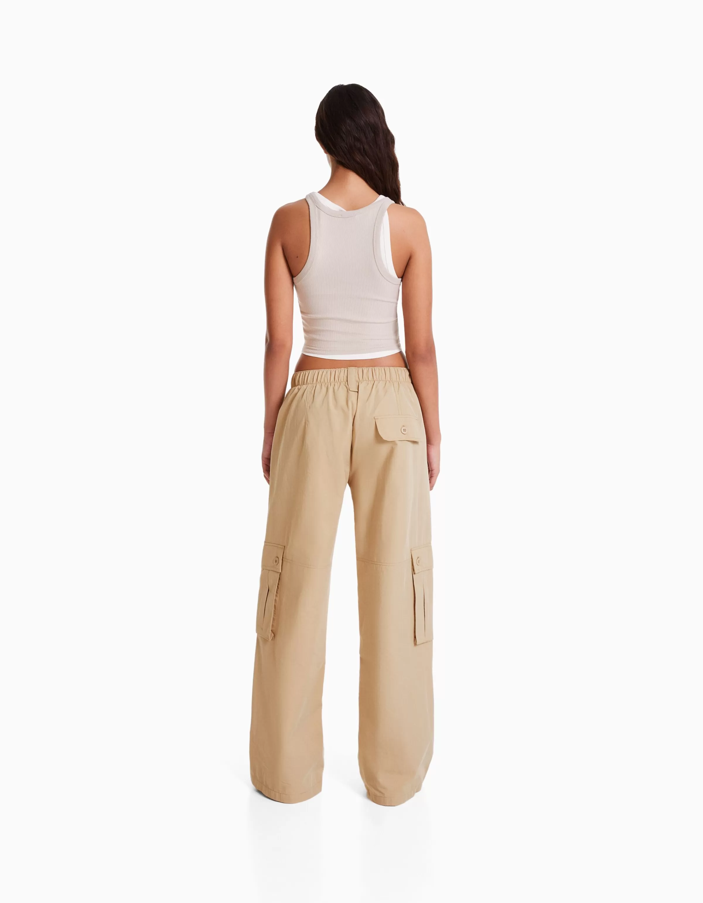 BERSHKA Pantalons*Pantalon cargo wide leg multipoches Kaki