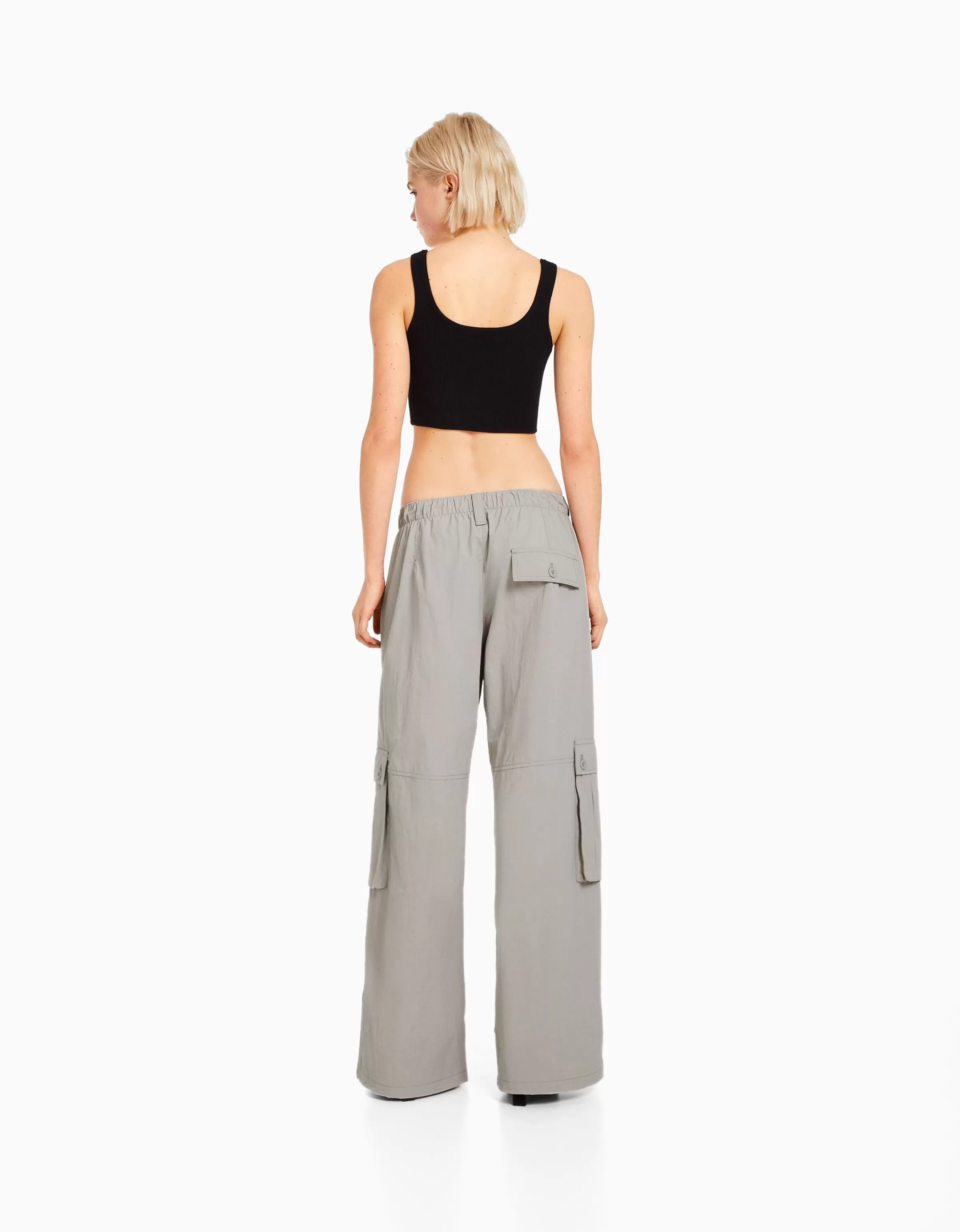 BERSHKA Vêtements*Pantalon cargo wide leg multipoches Gris