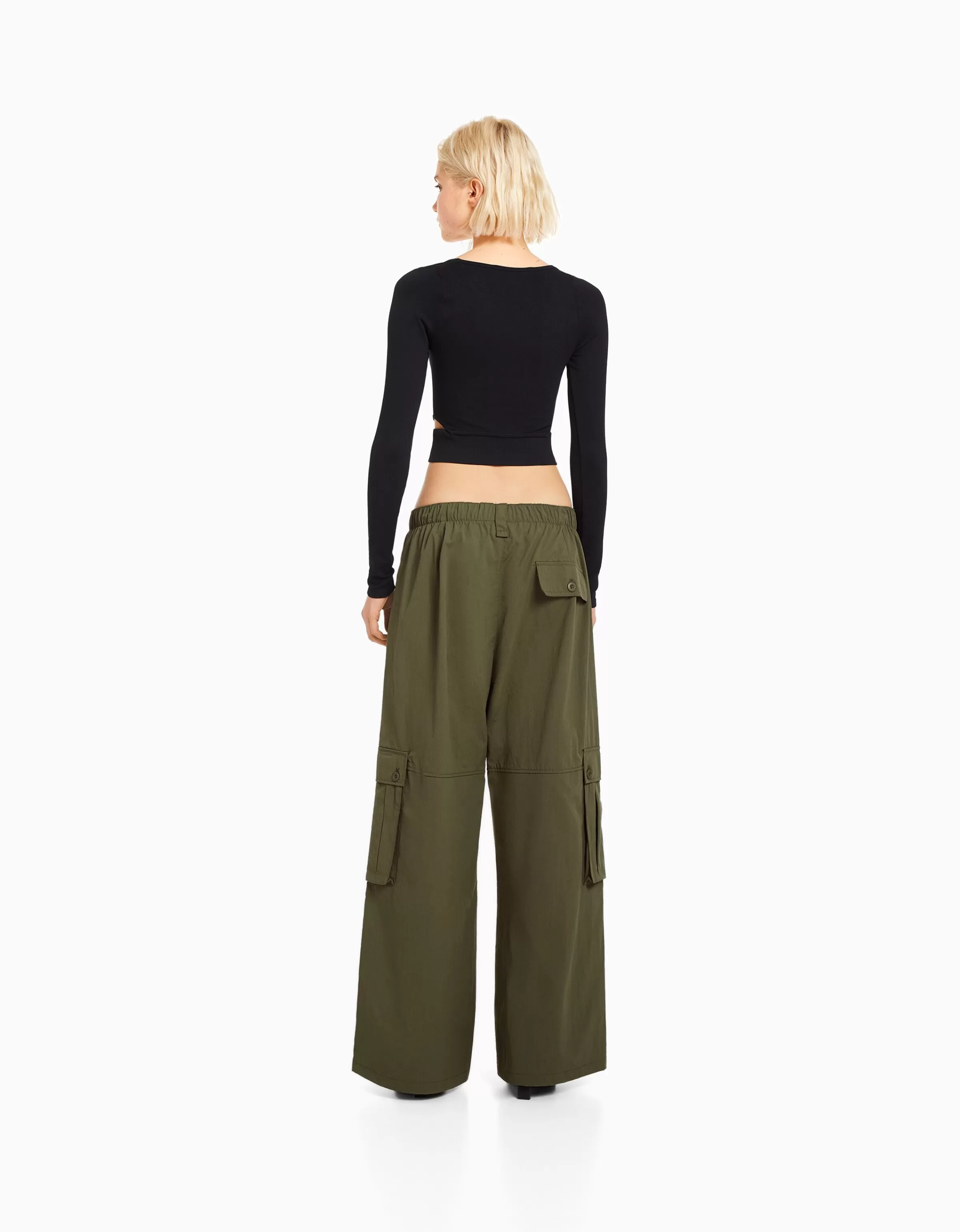 BERSHKA Vêtements*Pantalon cargo wide leg multipoches Kaki