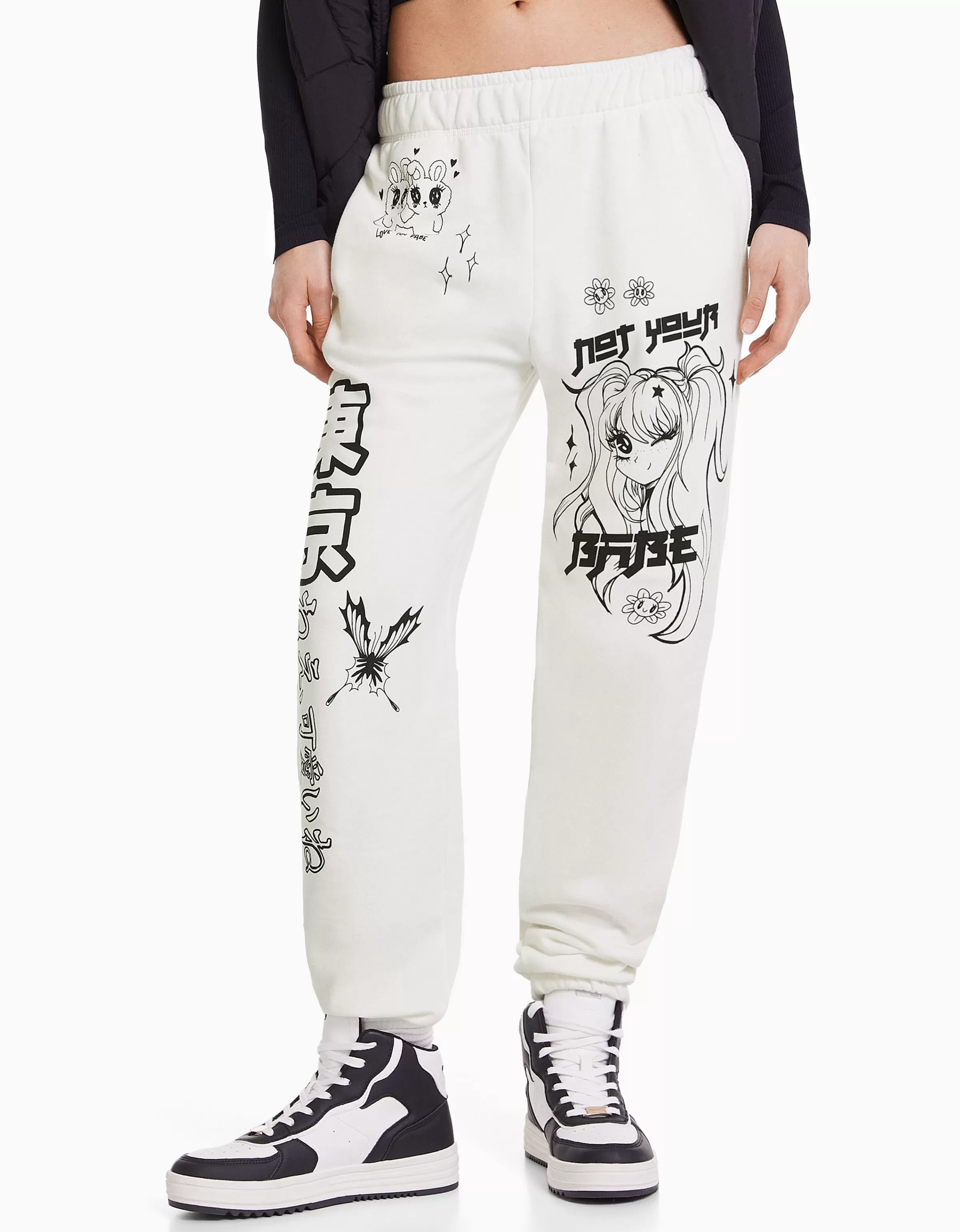 BERSHKA Pantalons*Pantalon jogger molleton imprimé Blanc