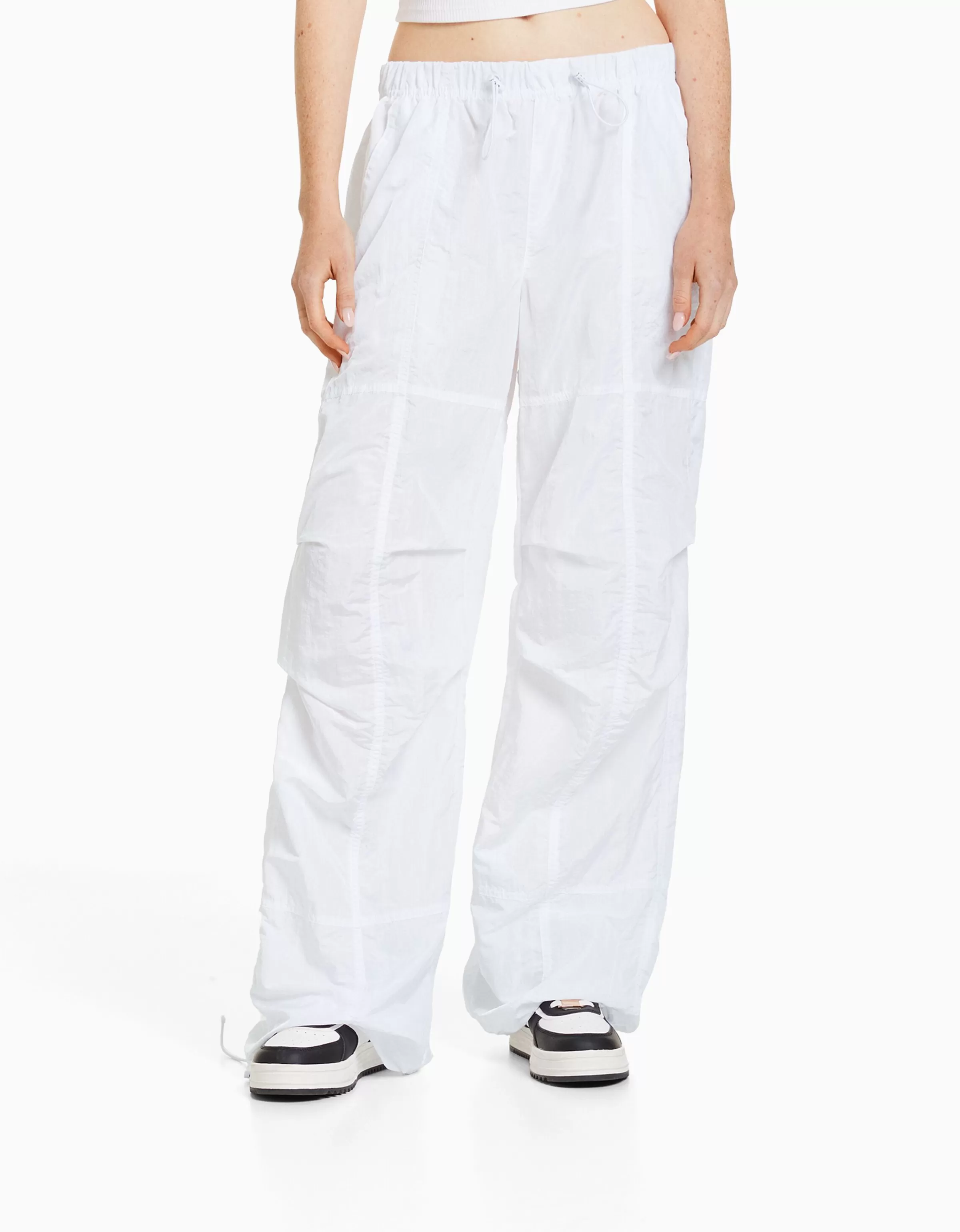 BERSHKA Vêtements*Pantalon parachute nylon Blanc