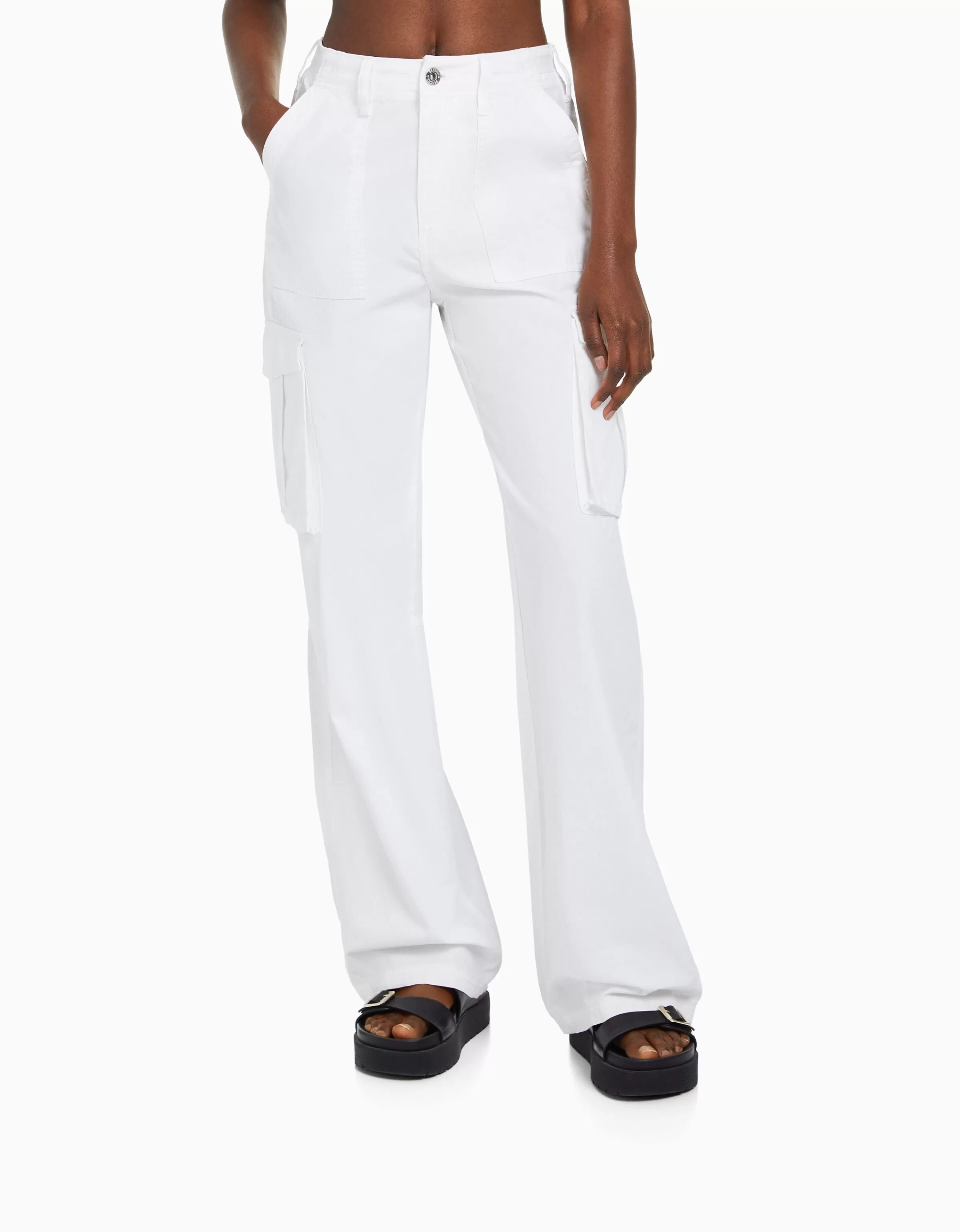 BERSHKA Vêtements*Pantalon straight cargo réglable Blanc