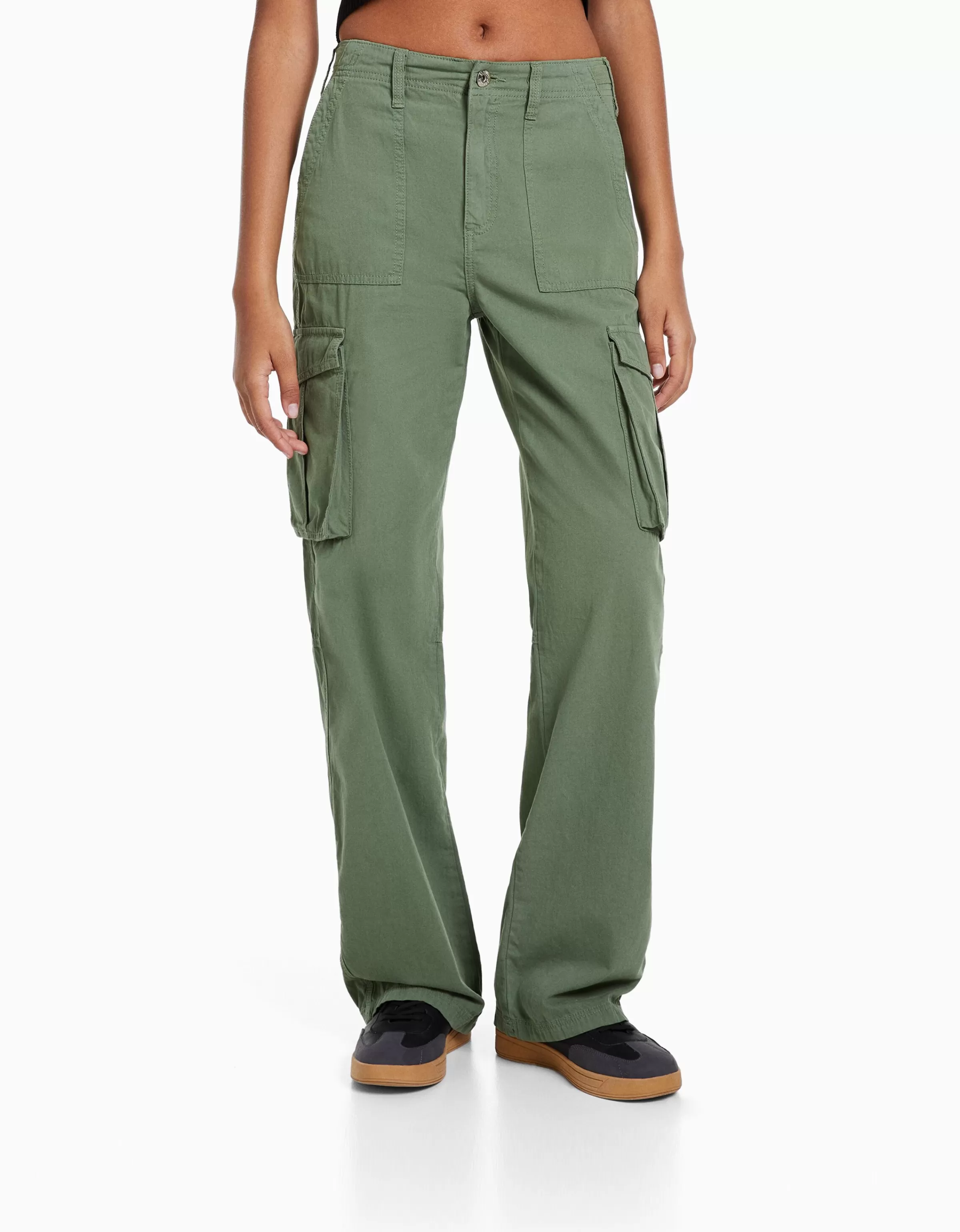 BERSHKA Vêtements*Pantalon straight cargo réglable Kaki