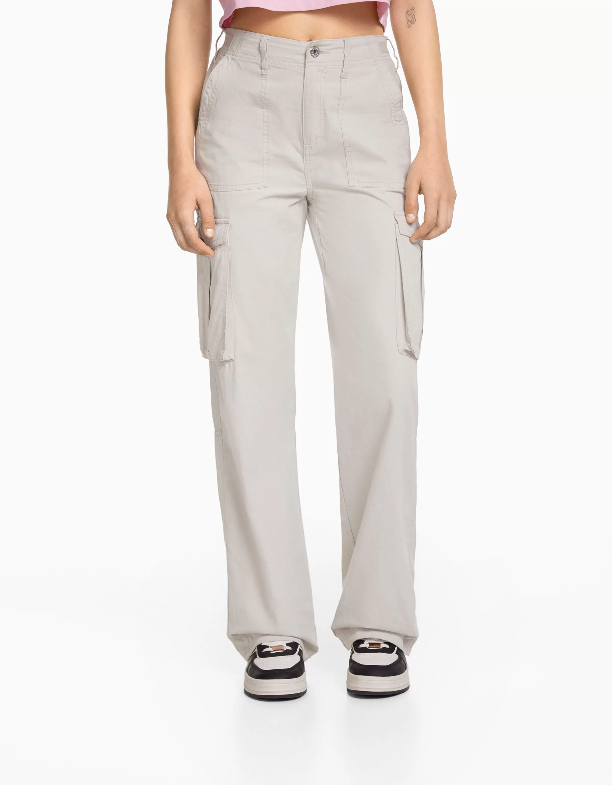 BERSHKA Vêtements*Pantalon straight cargo réglable Gris