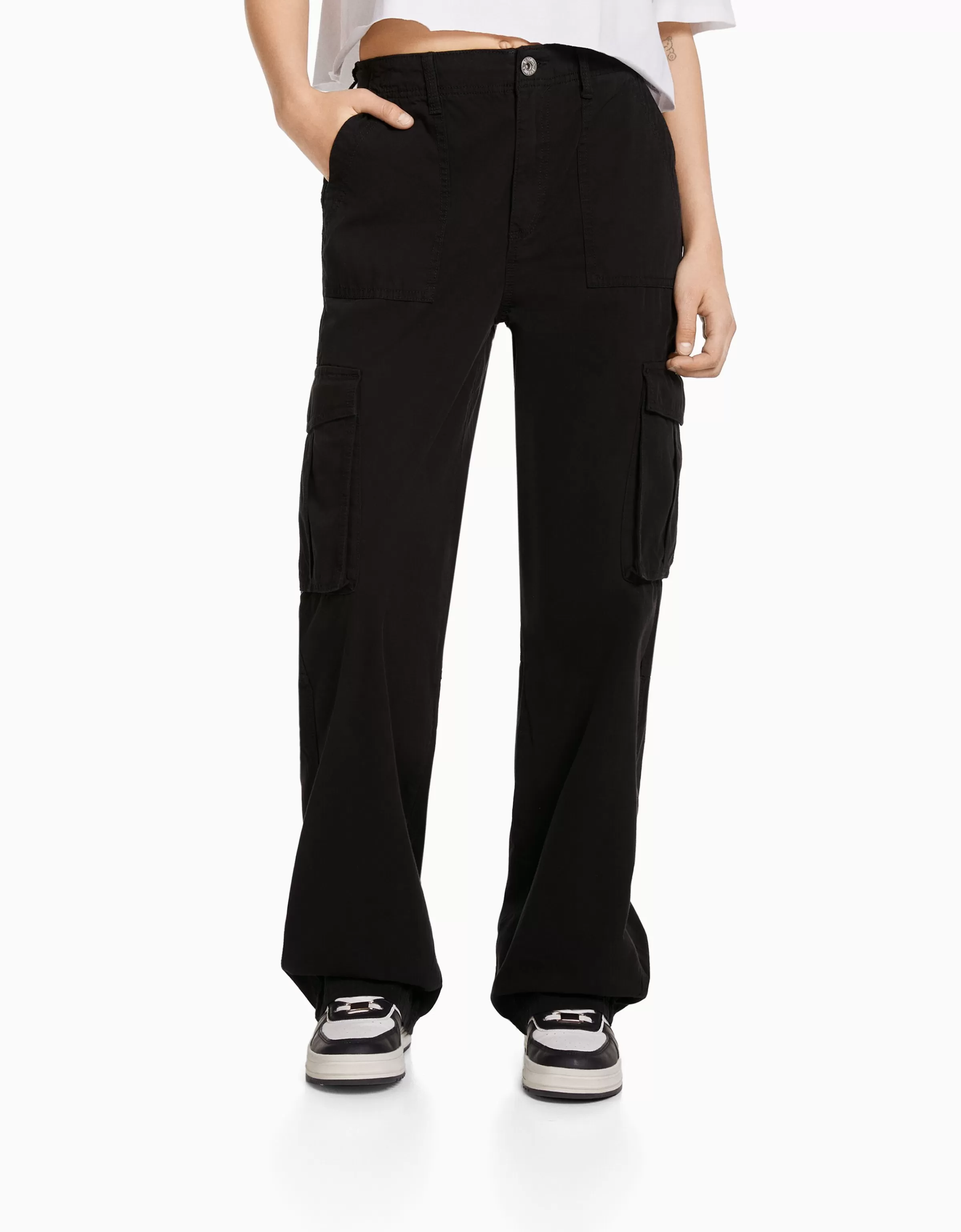 BERSHKA Vêtements*Pantalon straight cargo réglable Noir