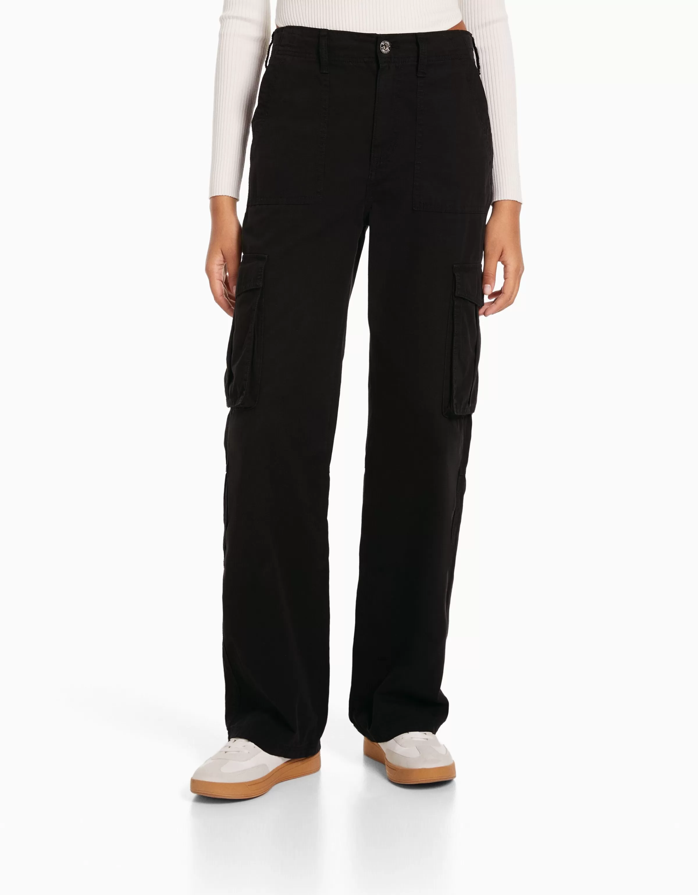 BERSHKA Vêtements*Pantalon straight cargo réglable Noir