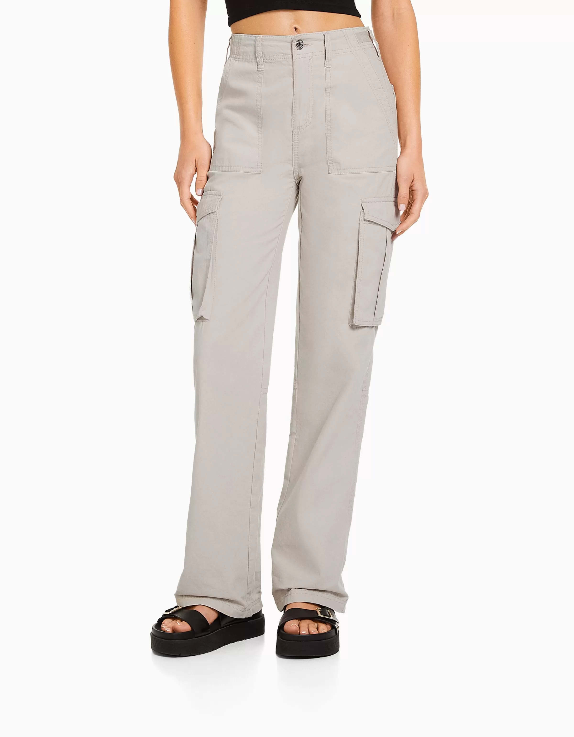 BERSHKA Vêtements*Pantalon straight cargo réglable Gris