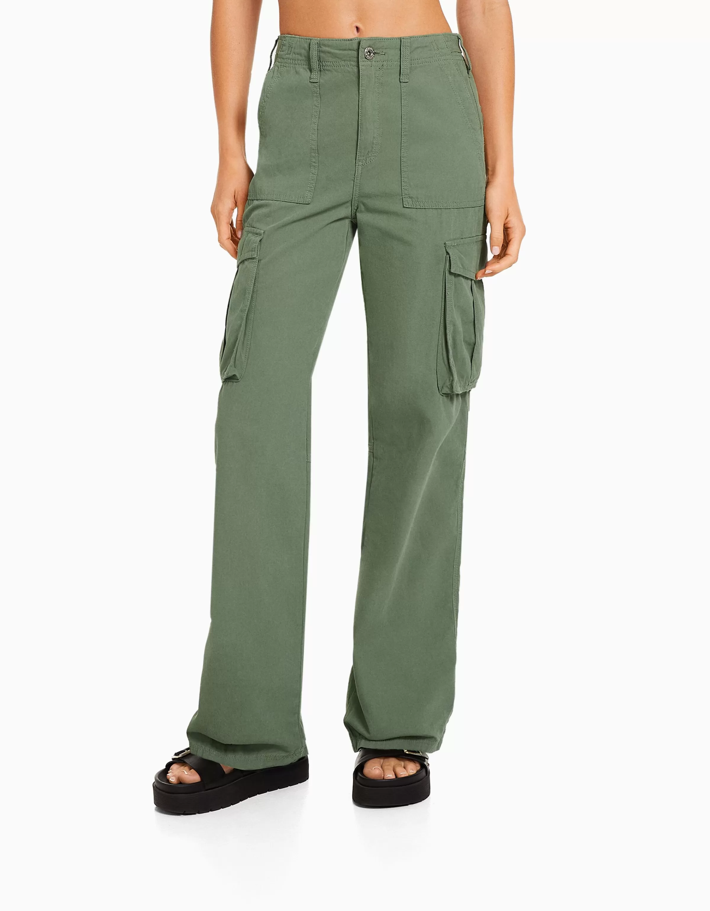 BERSHKA Pantalons*Pantalon straight cargo réglable Kaki