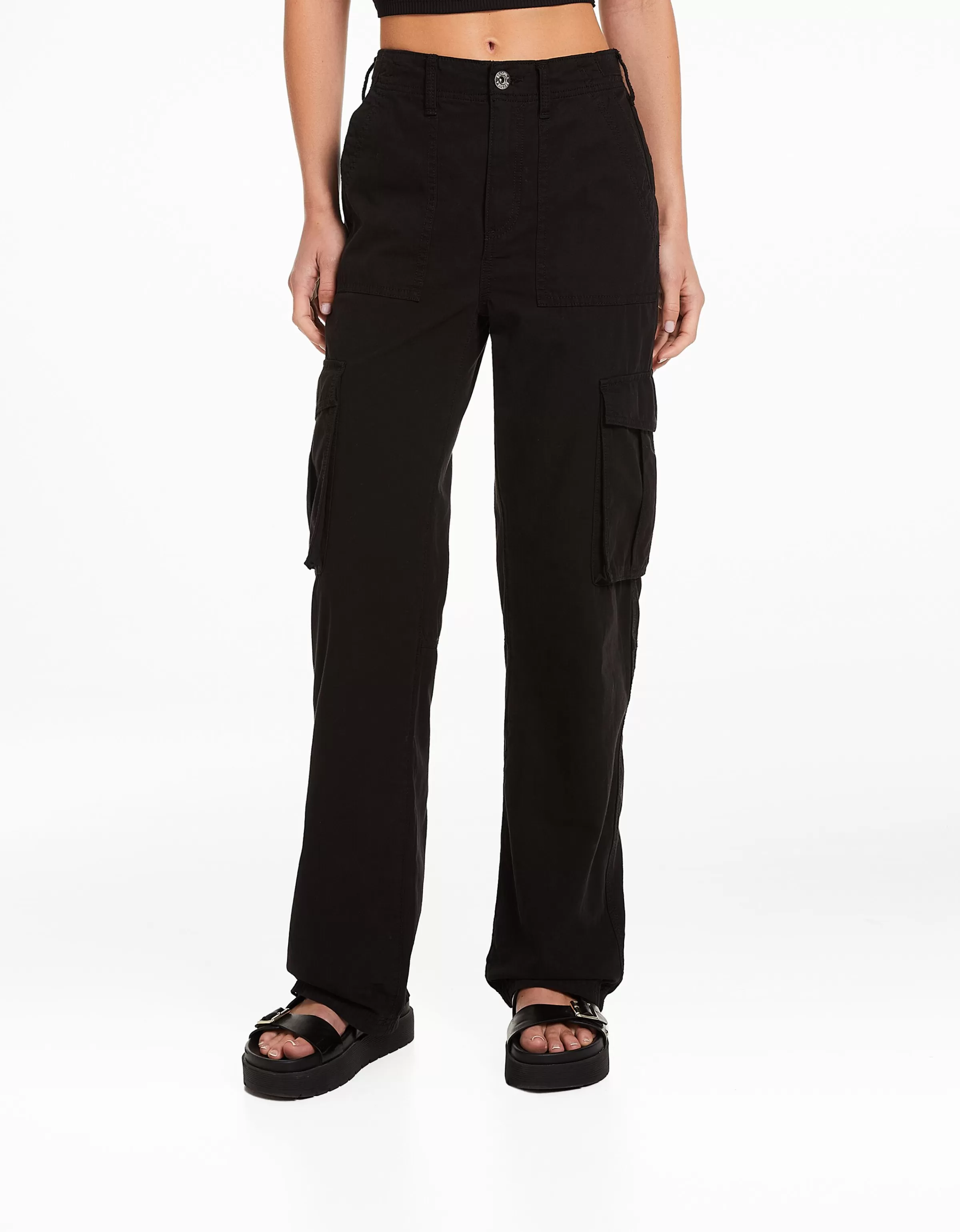 BERSHKA Pantalons*Pantalon straight cargo réglable Noir