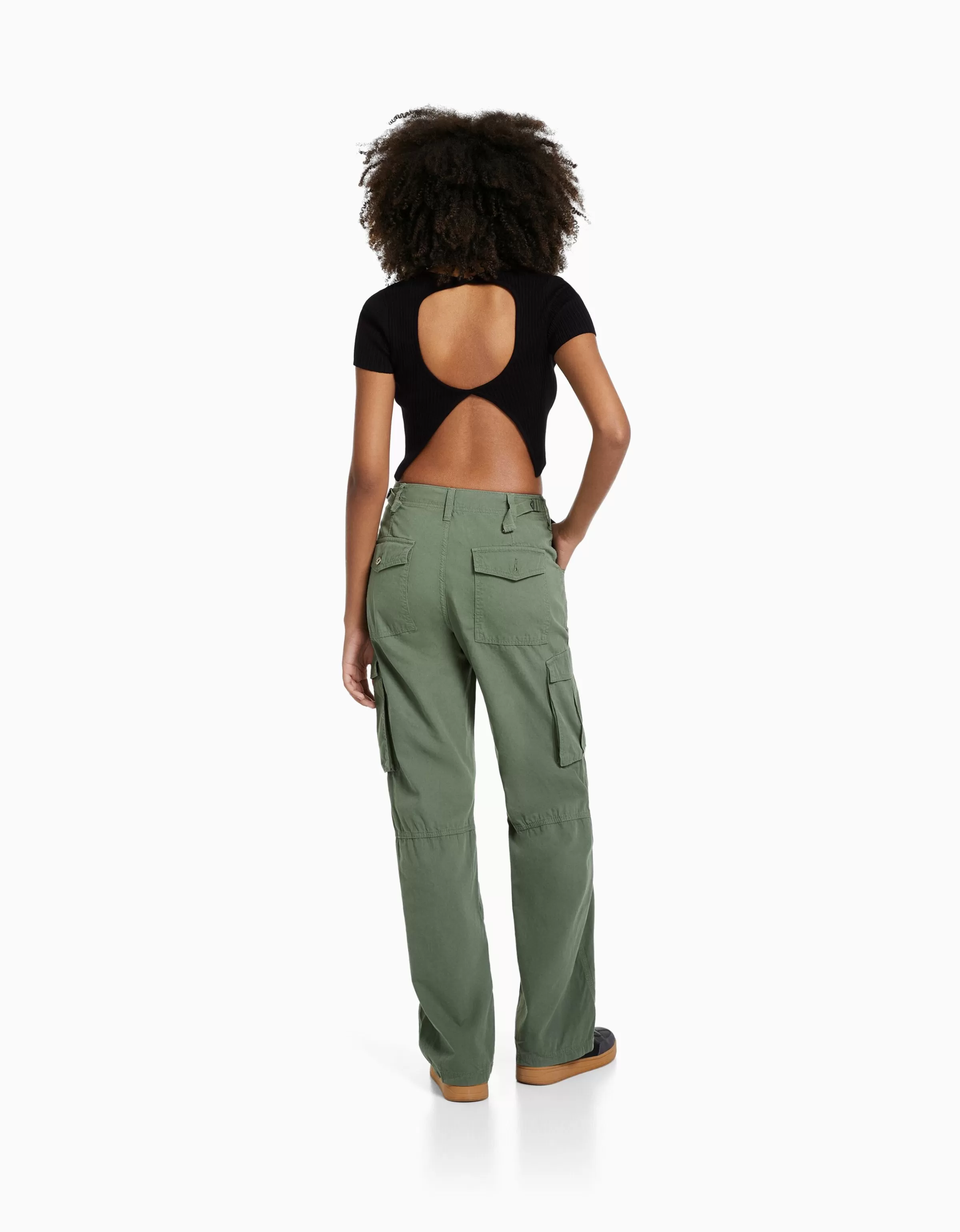 BERSHKA Vêtements*Pantalon straight cargo réglable Kaki