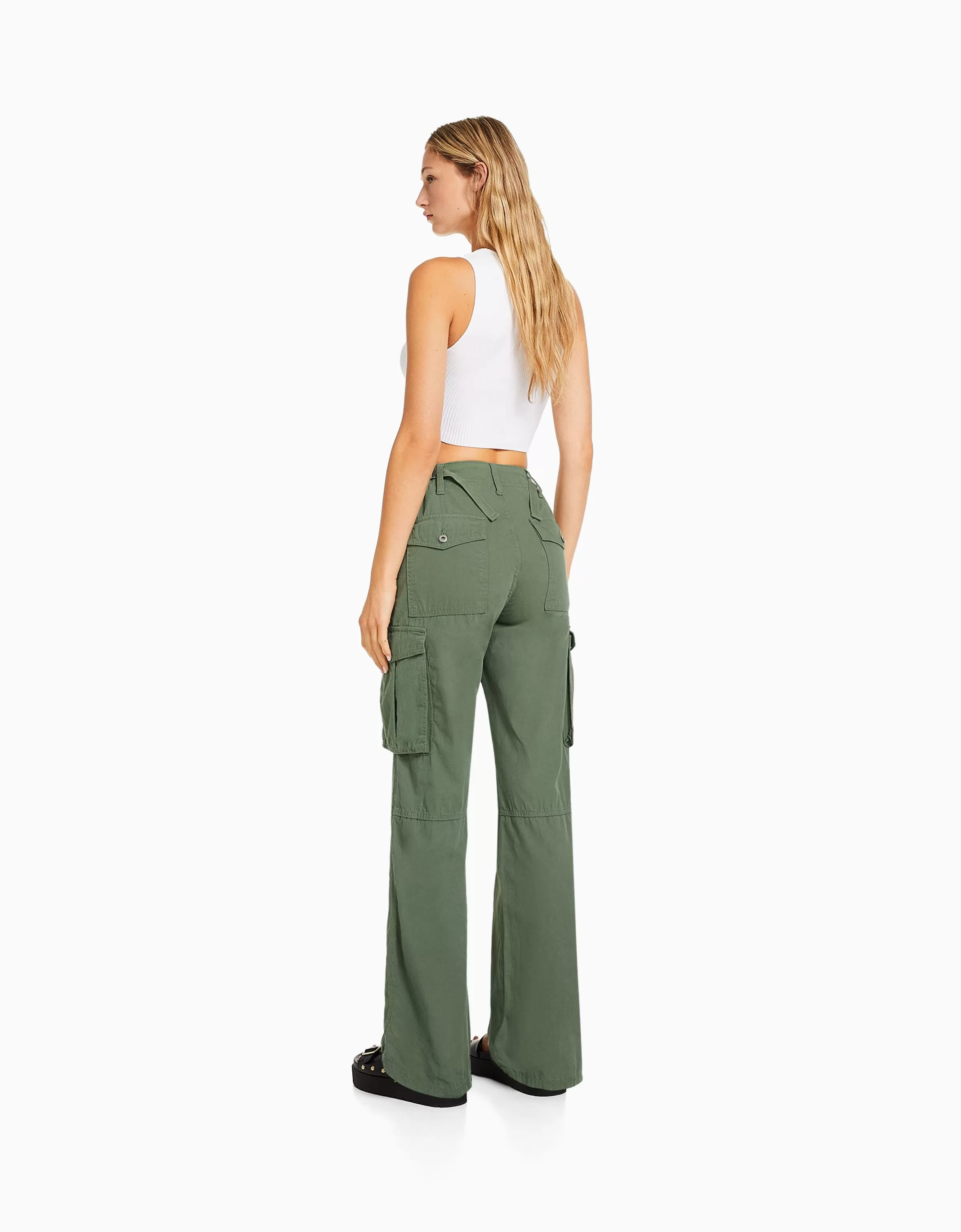 BERSHKA Pantalons*Pantalon straight cargo réglable Kaki