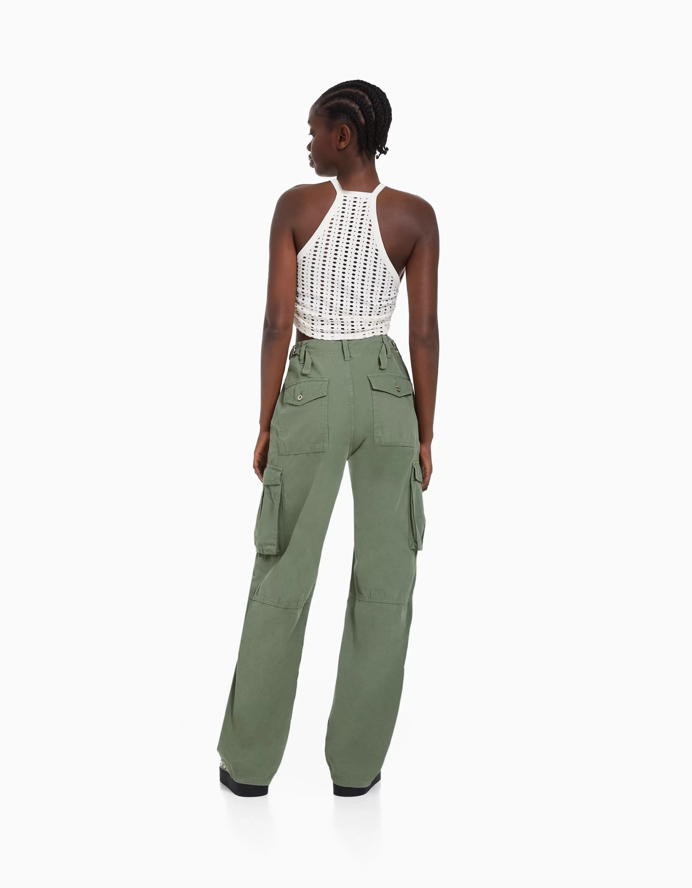 BERSHKA BSK Teen*Pantalon straight cargo réglable Blanc