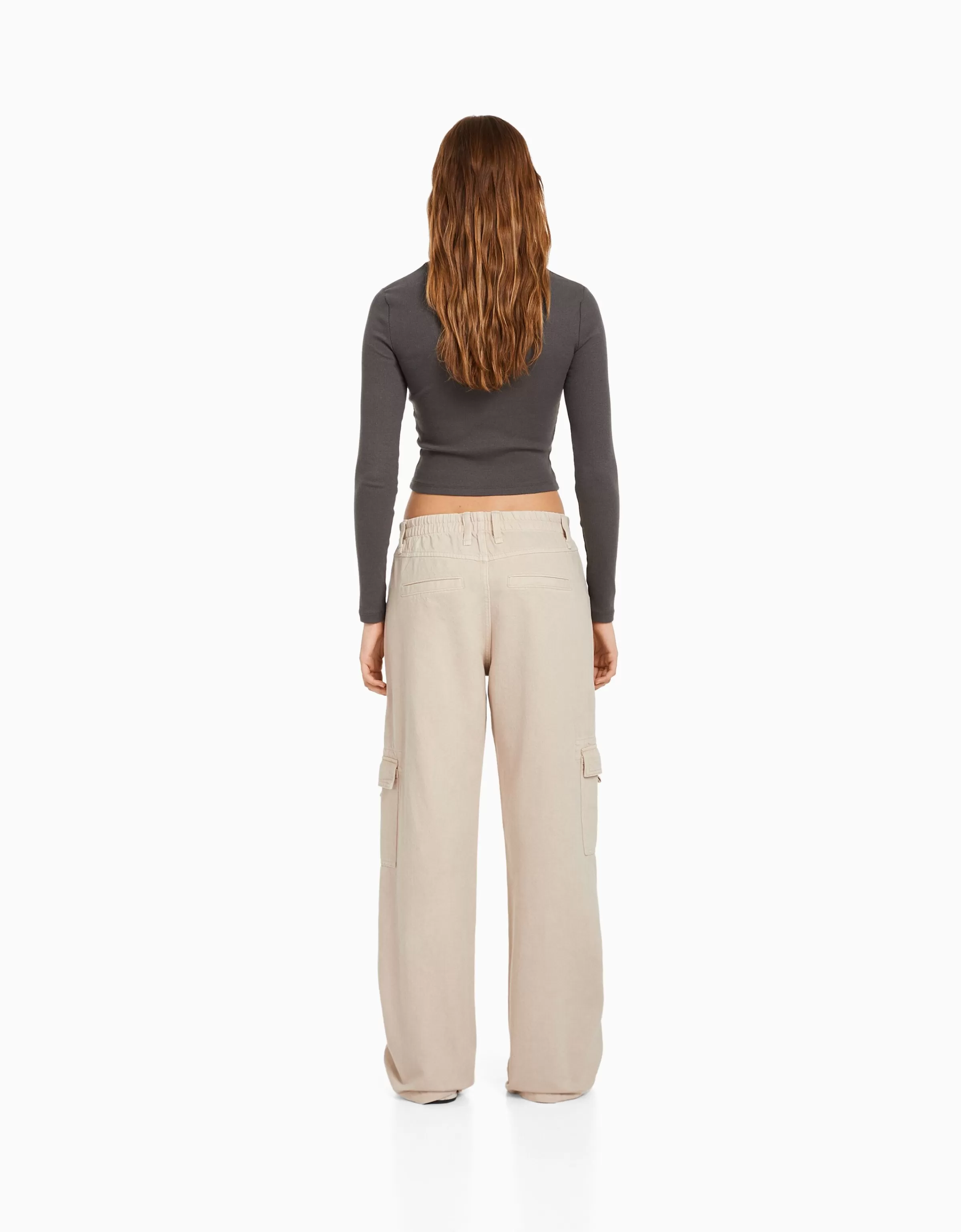 BERSHKA Cargo et parachute*Pantalon straight cargo sergé taille élastique Bleu clair