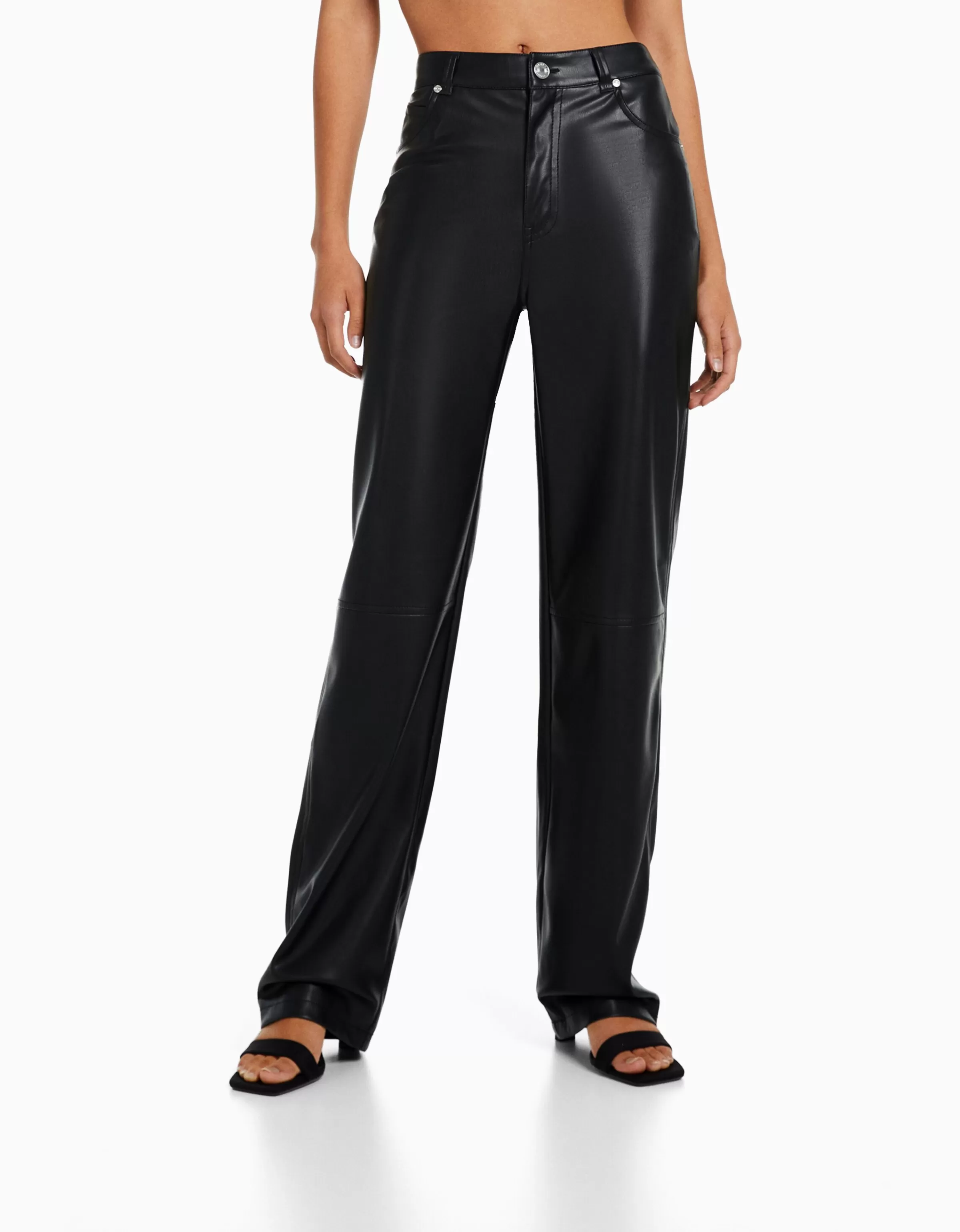 BERSHKA Similicuir*Pantalon straight slim similicuir Noir