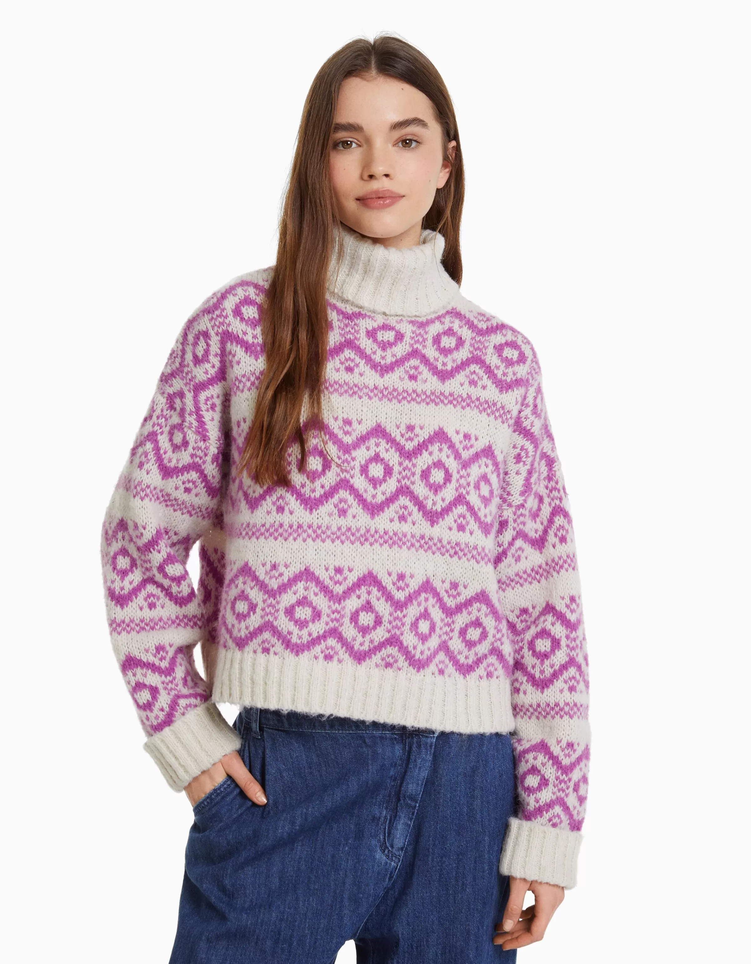 BERSHKA Maille*Pull à col montant en jacquard Rose