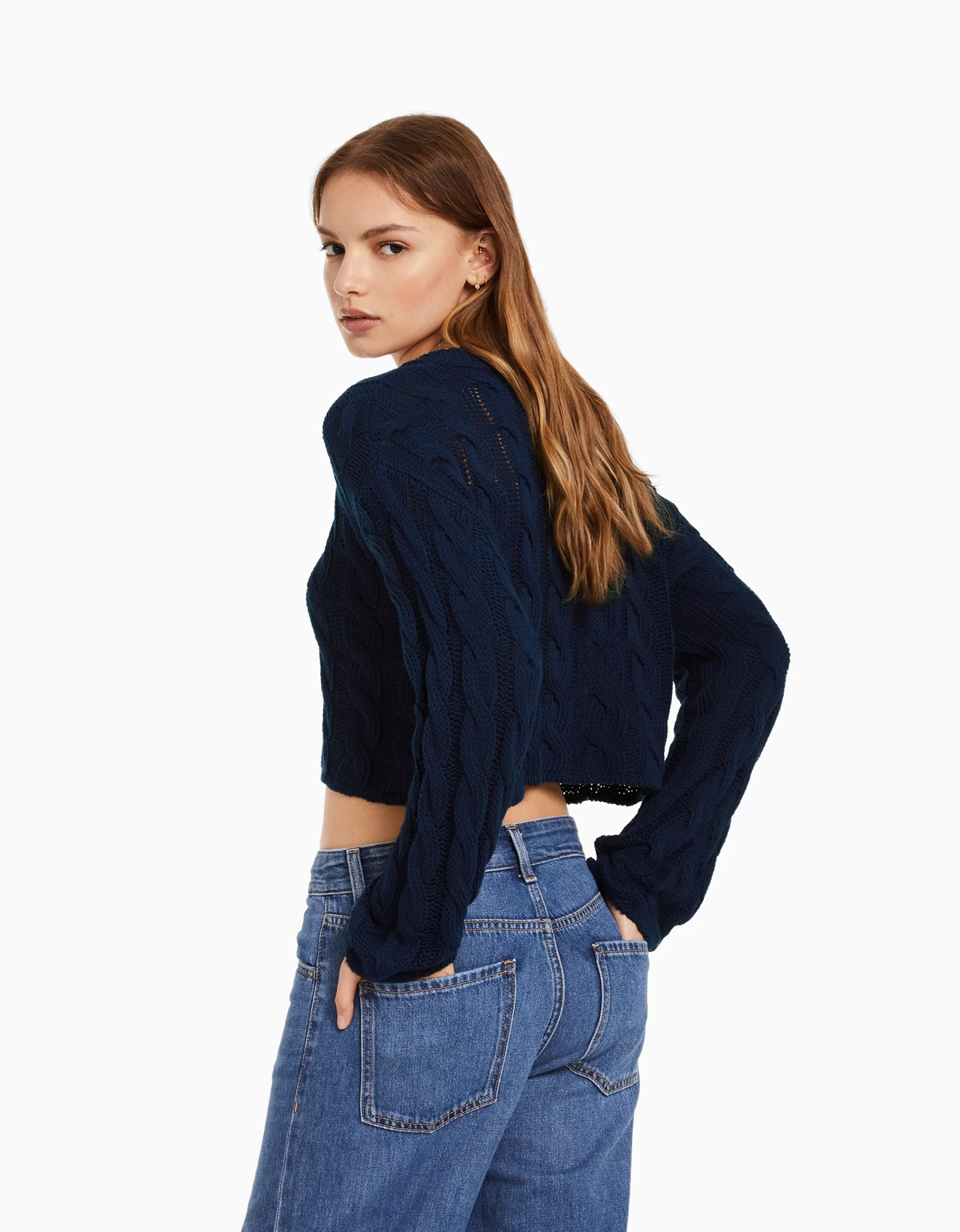 BERSHKA Maille*Pull à col rond à torsades Bleu