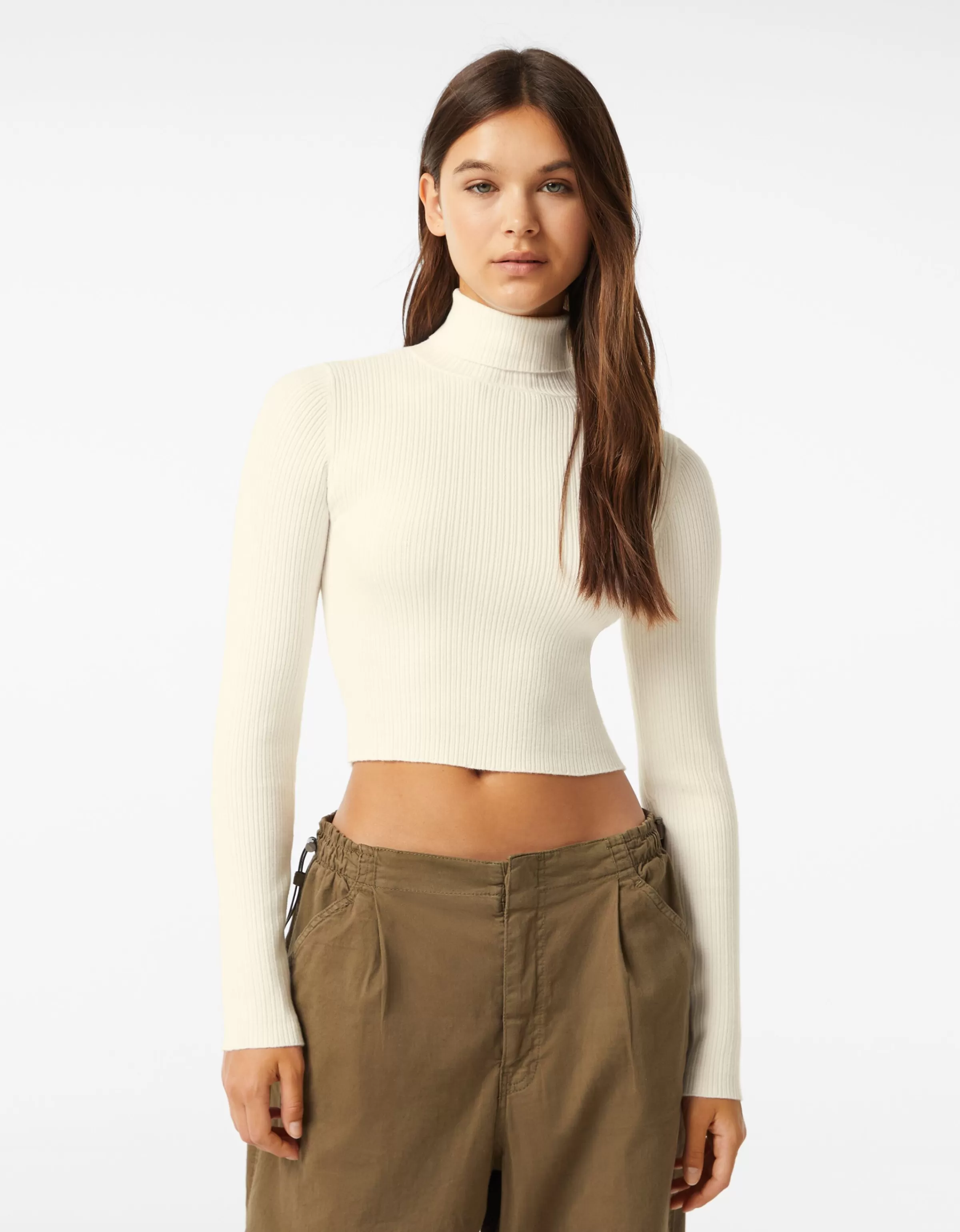 BERSHKA Maille*Pull bord-côte col roulé Noir