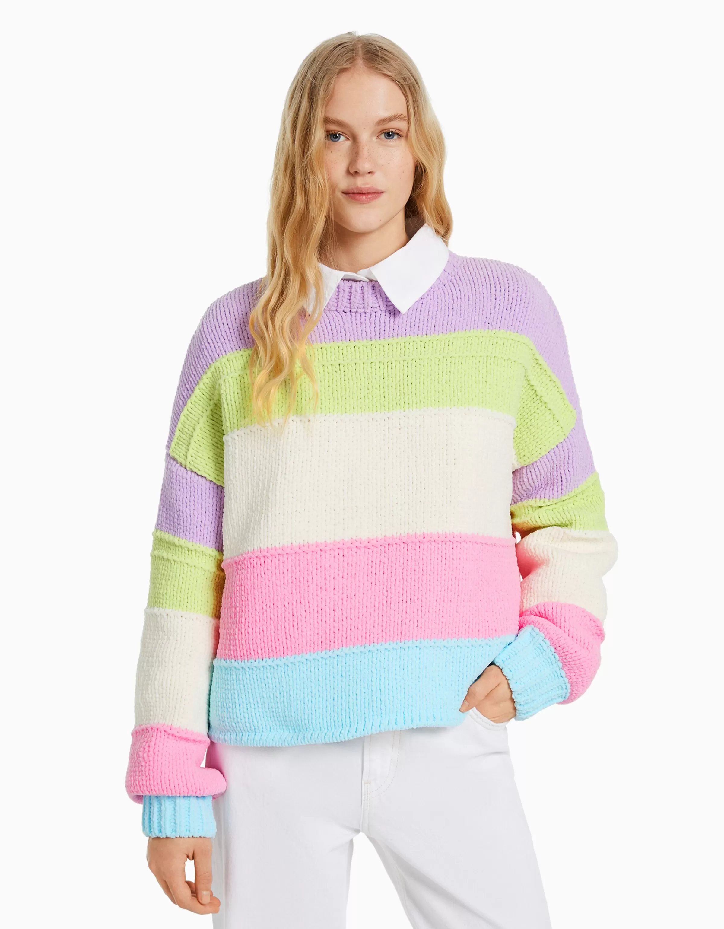 BERSHKA Maille*Pull chenille rayures multicolores Violet