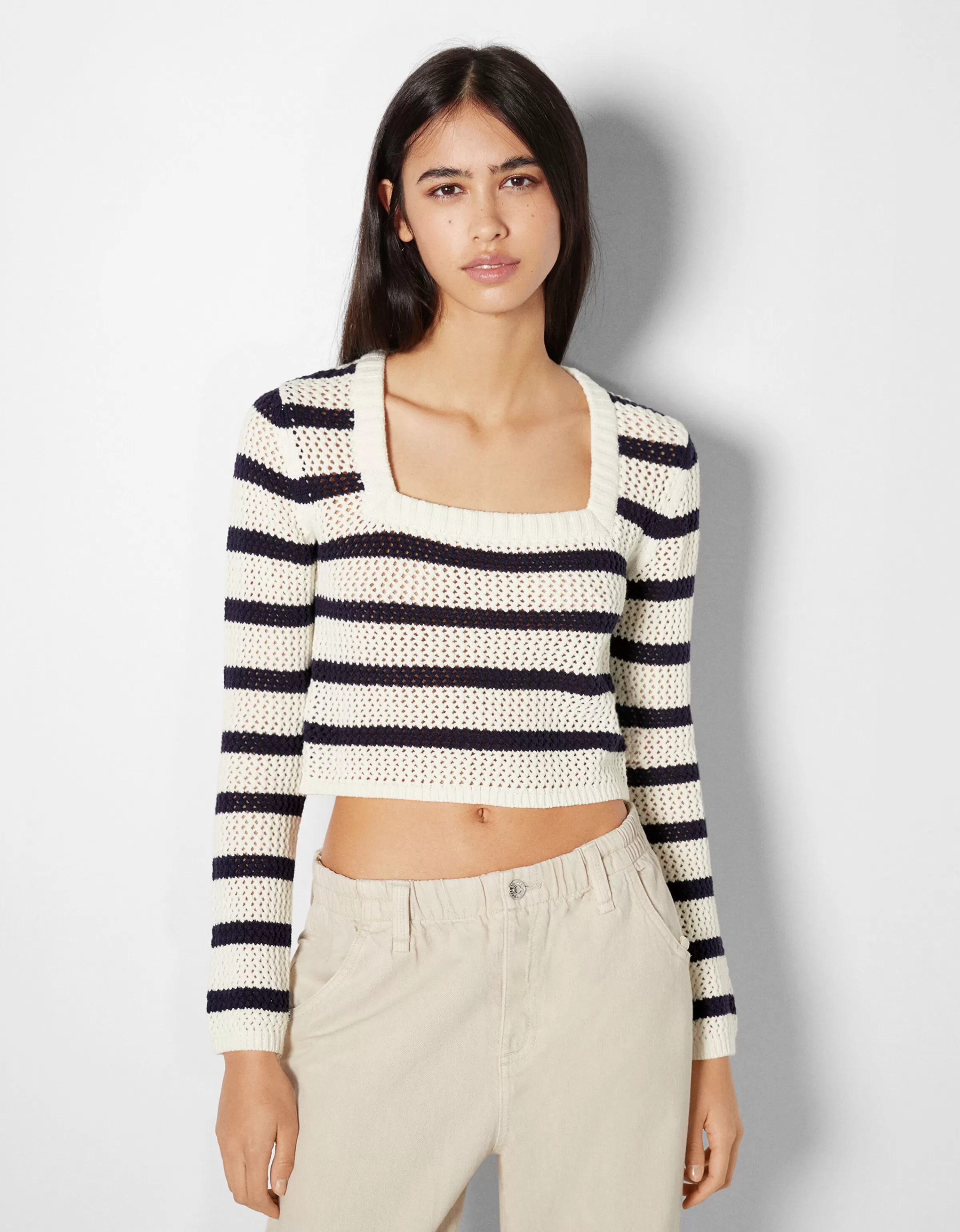 BERSHKA Maille*Pull col carré rayures Écru