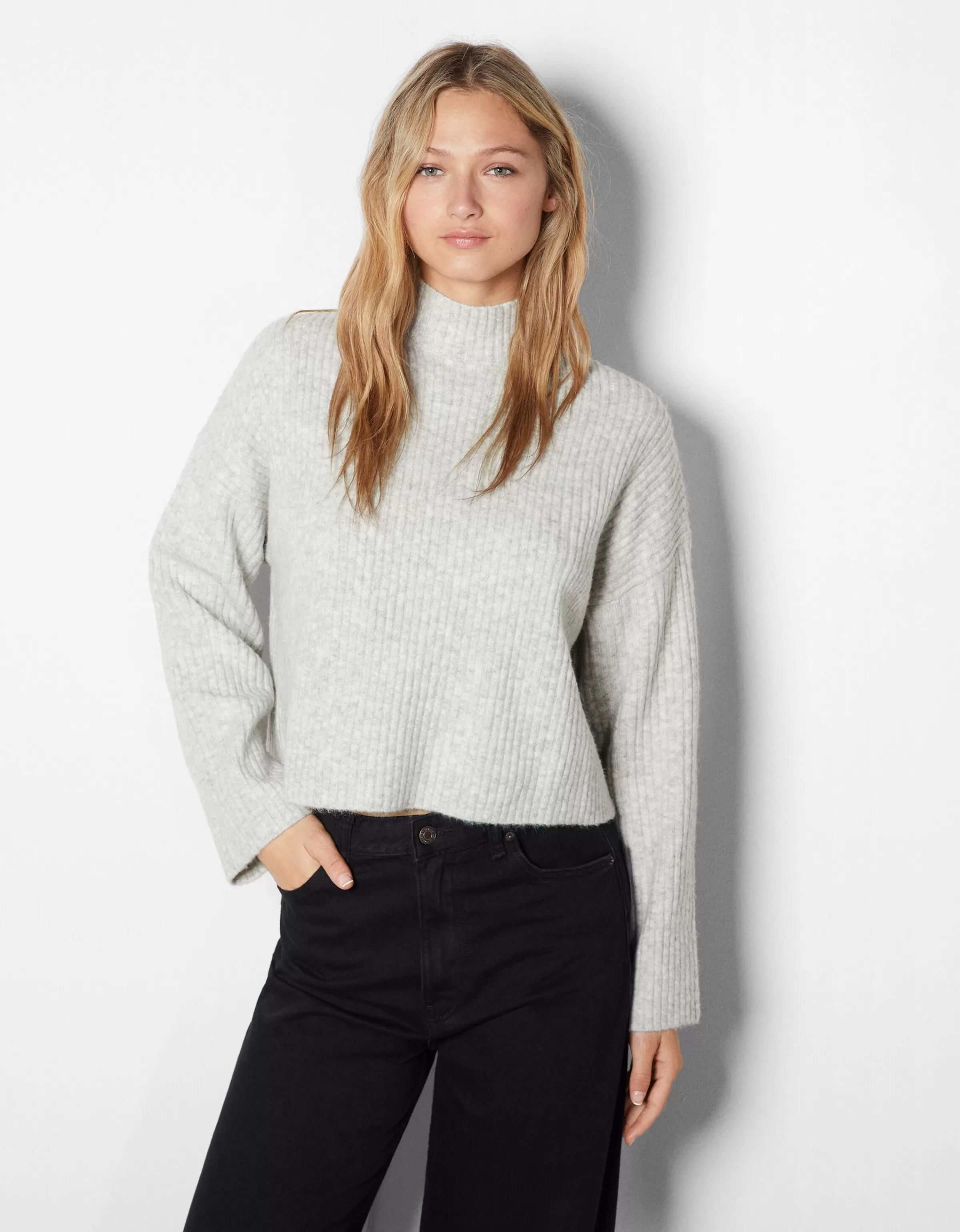 BERSHKA Pulls*Pull col montant bord-côte Sable