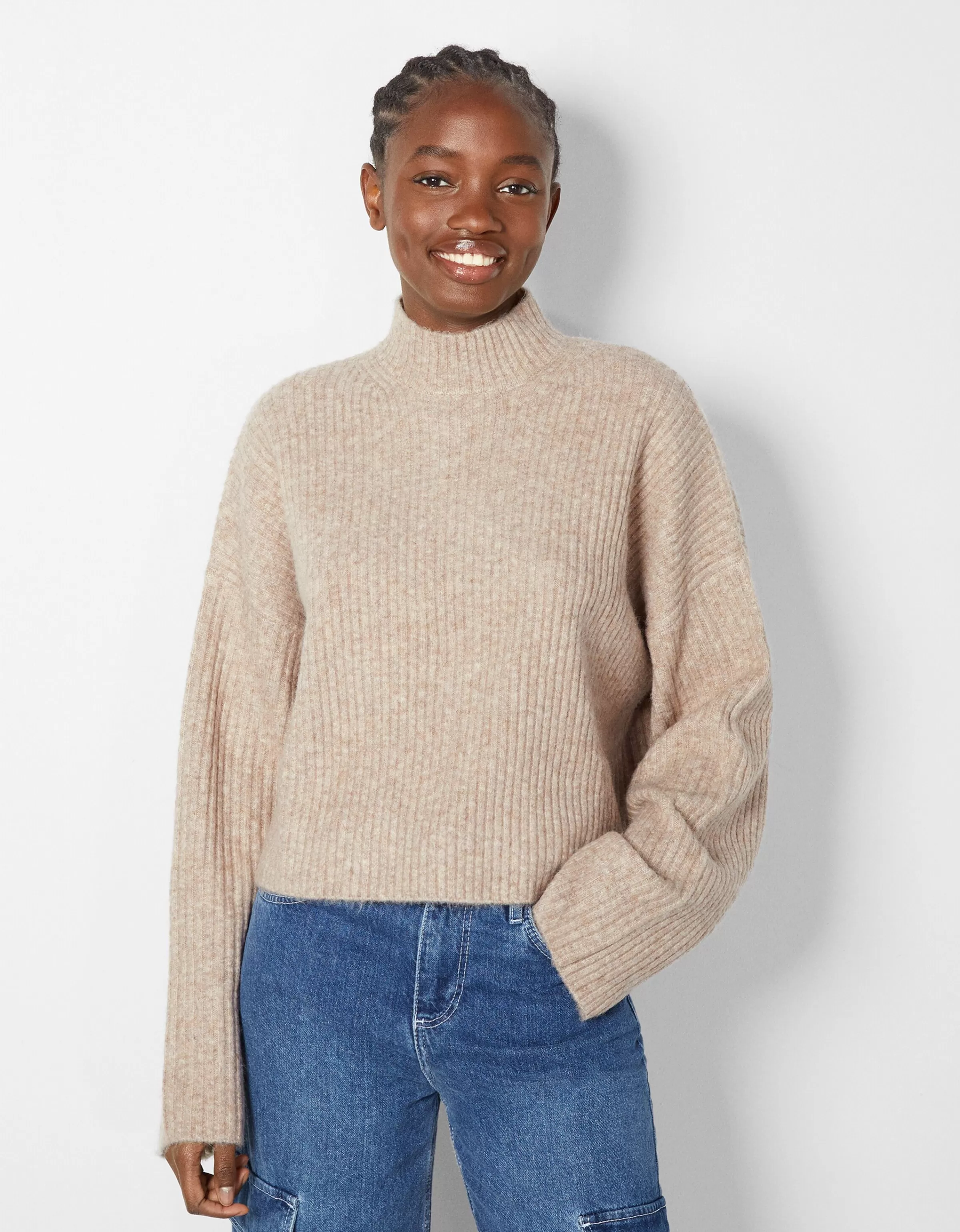 BERSHKA Pulls*Pull col montant bord-côte Sable