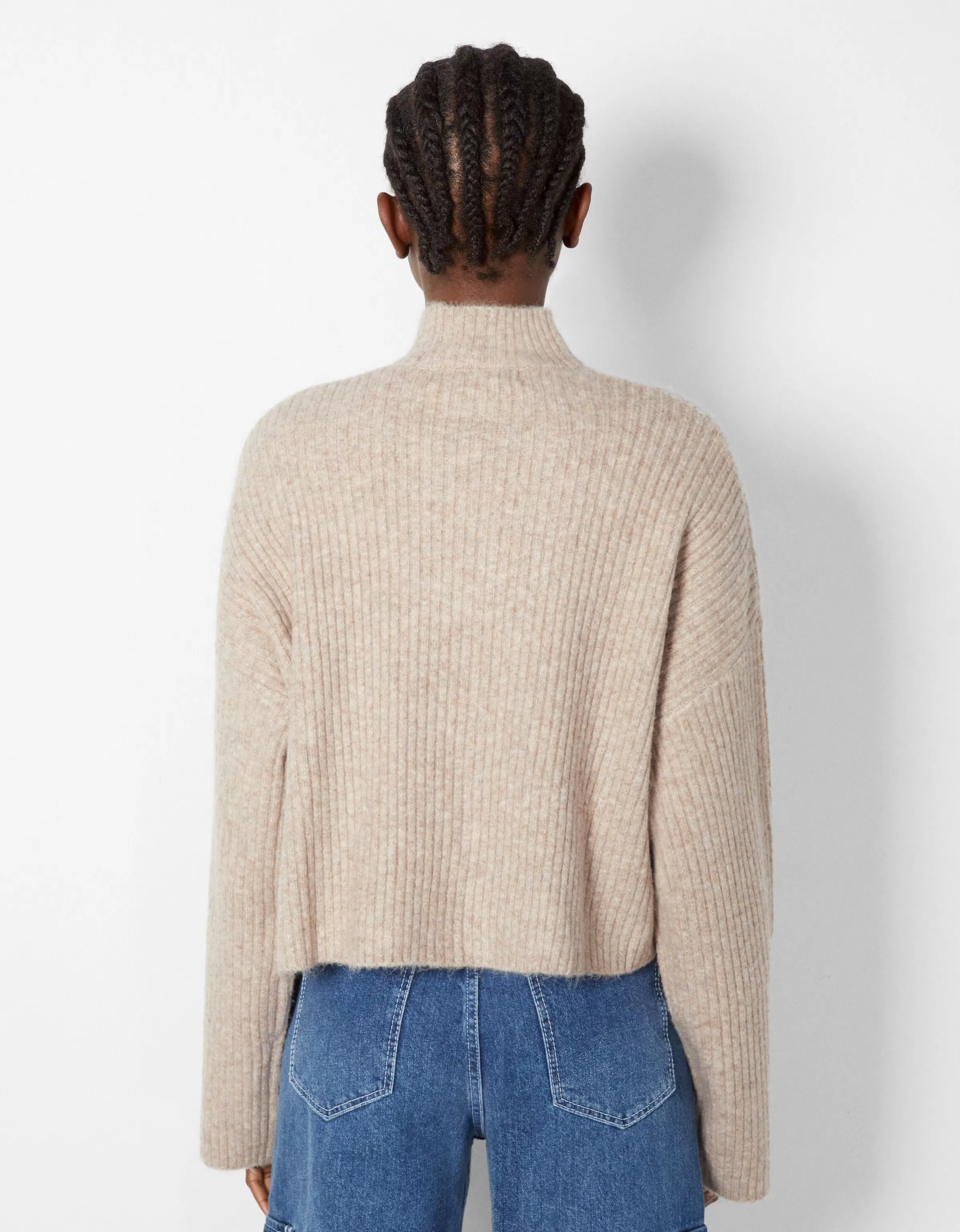 BERSHKA Pulls*Pull col montant bord-côte Sable