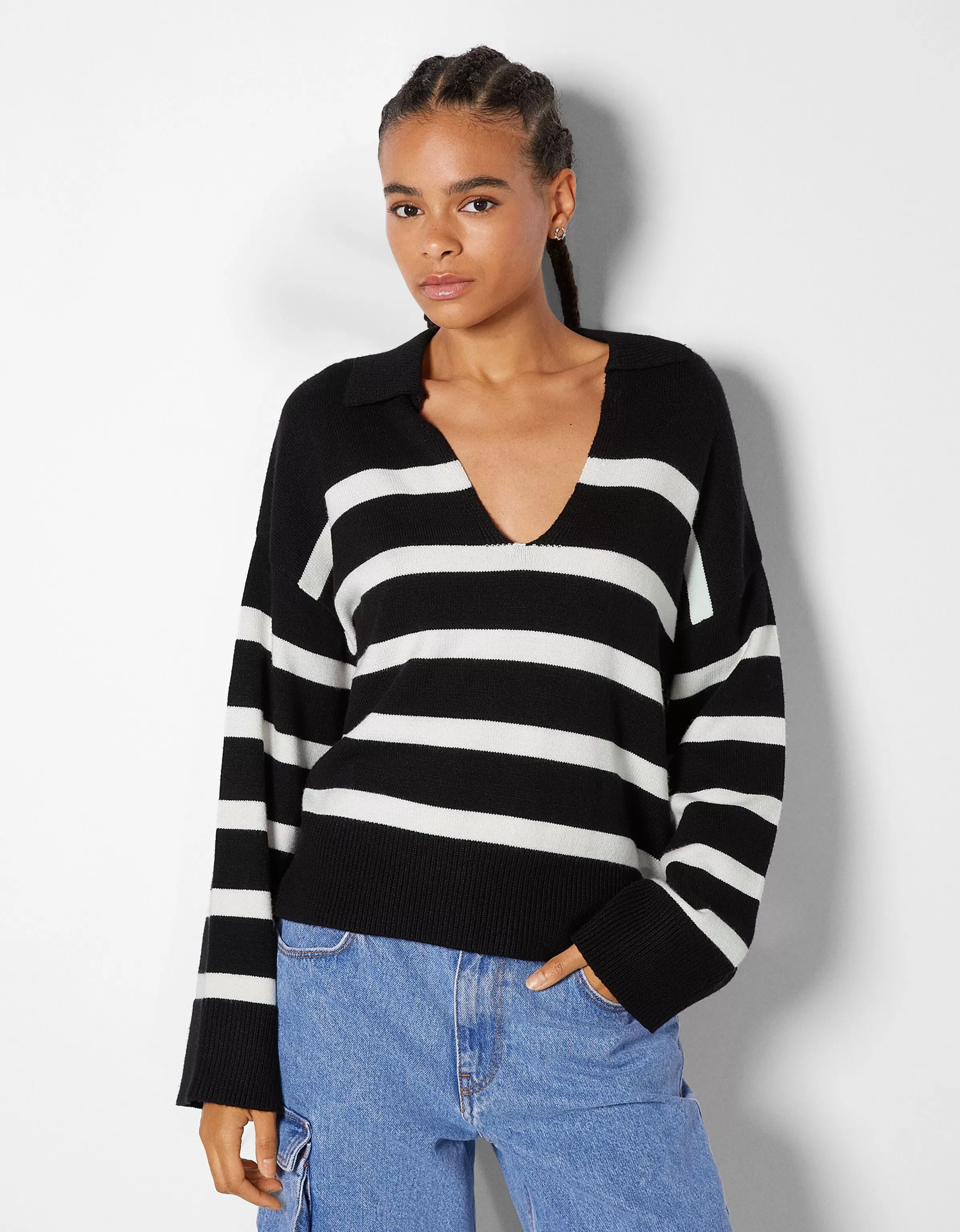 BERSHKA Maille*Pull col polo Noir