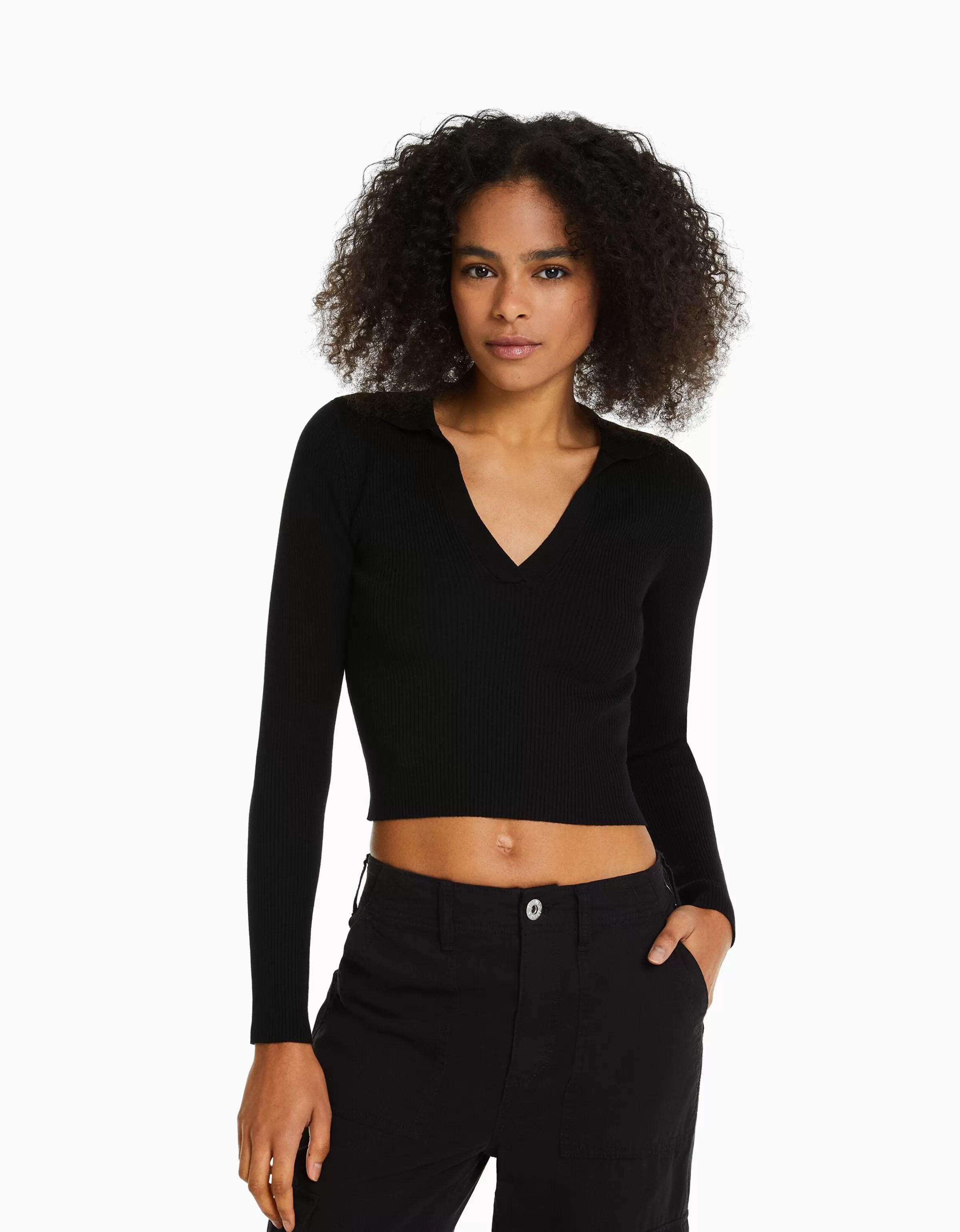 BERSHKA Maille*Pull col polo bord-côte Blanc