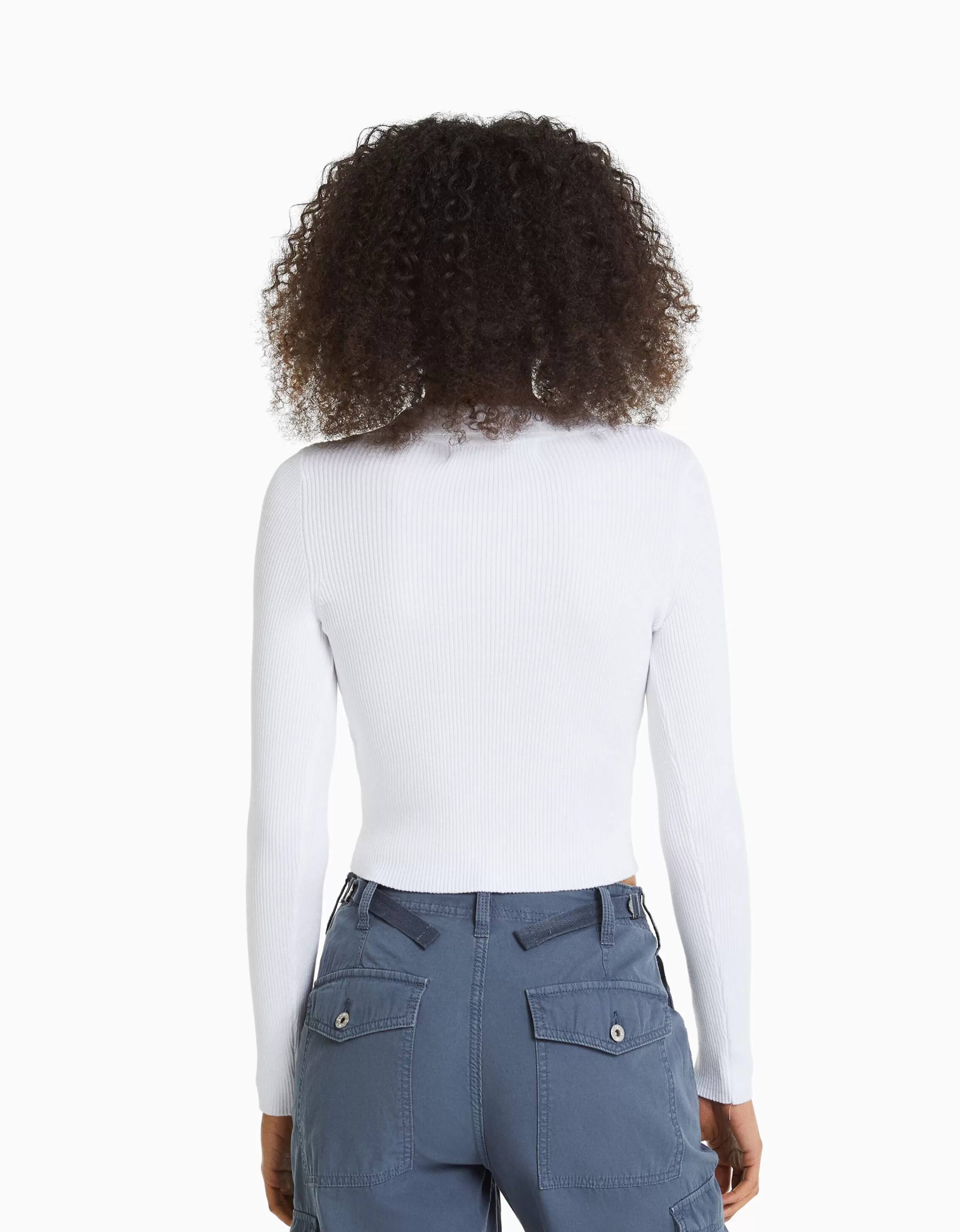 BERSHKA Maille*Pull col polo bord-côte Blanc