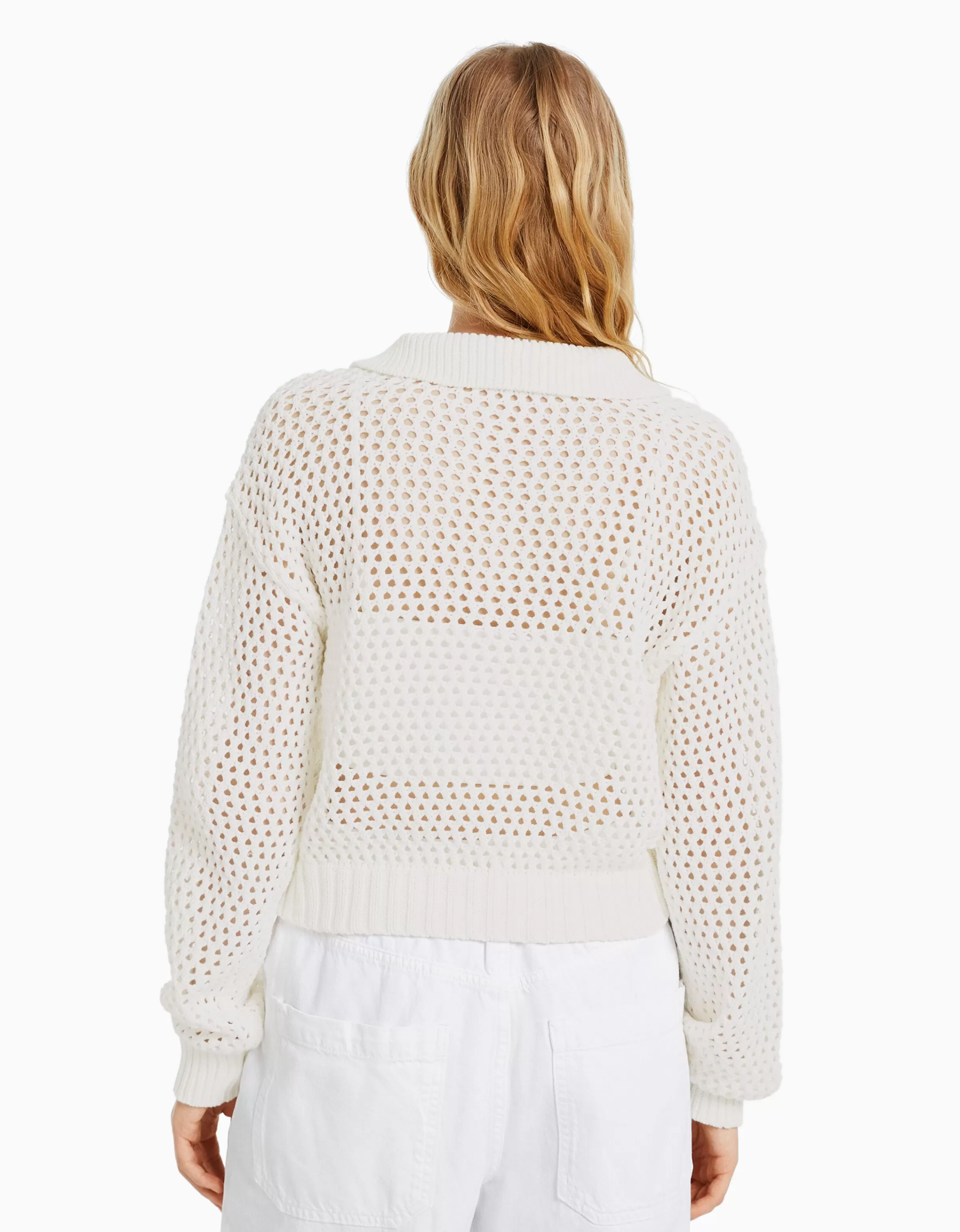 BERSHKA Maille*Pull col polo filet Écru