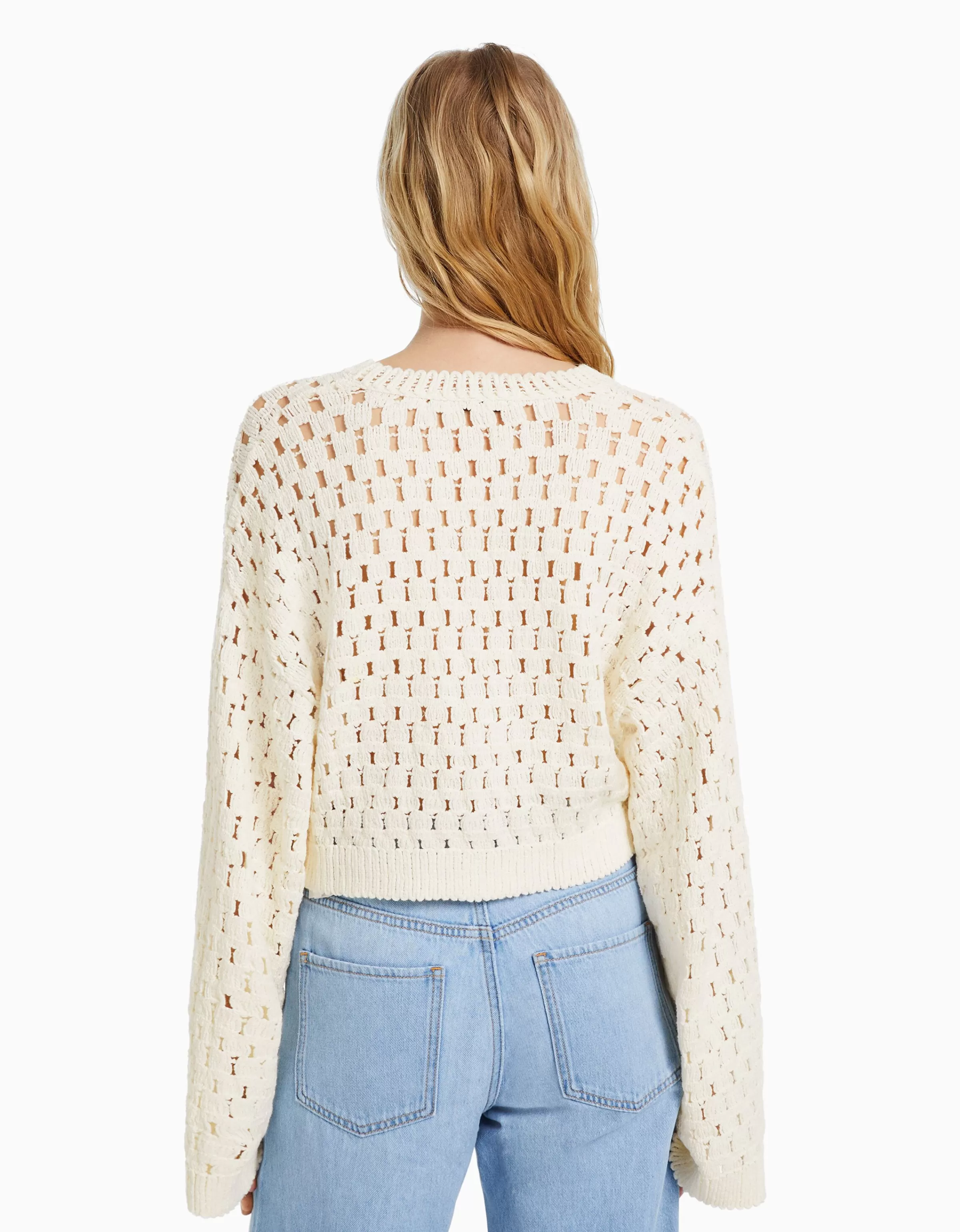 BERSHKA Maille*Pull col rond rustique ajours Écru