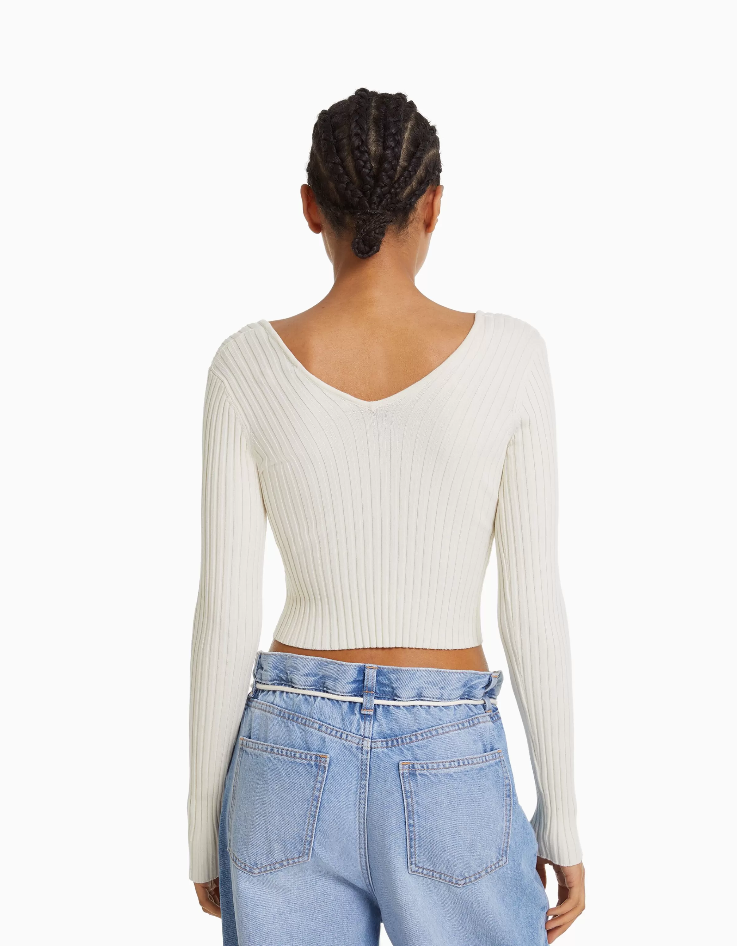 BERSHKA Vêtements*Pull col V bord-côte Écru