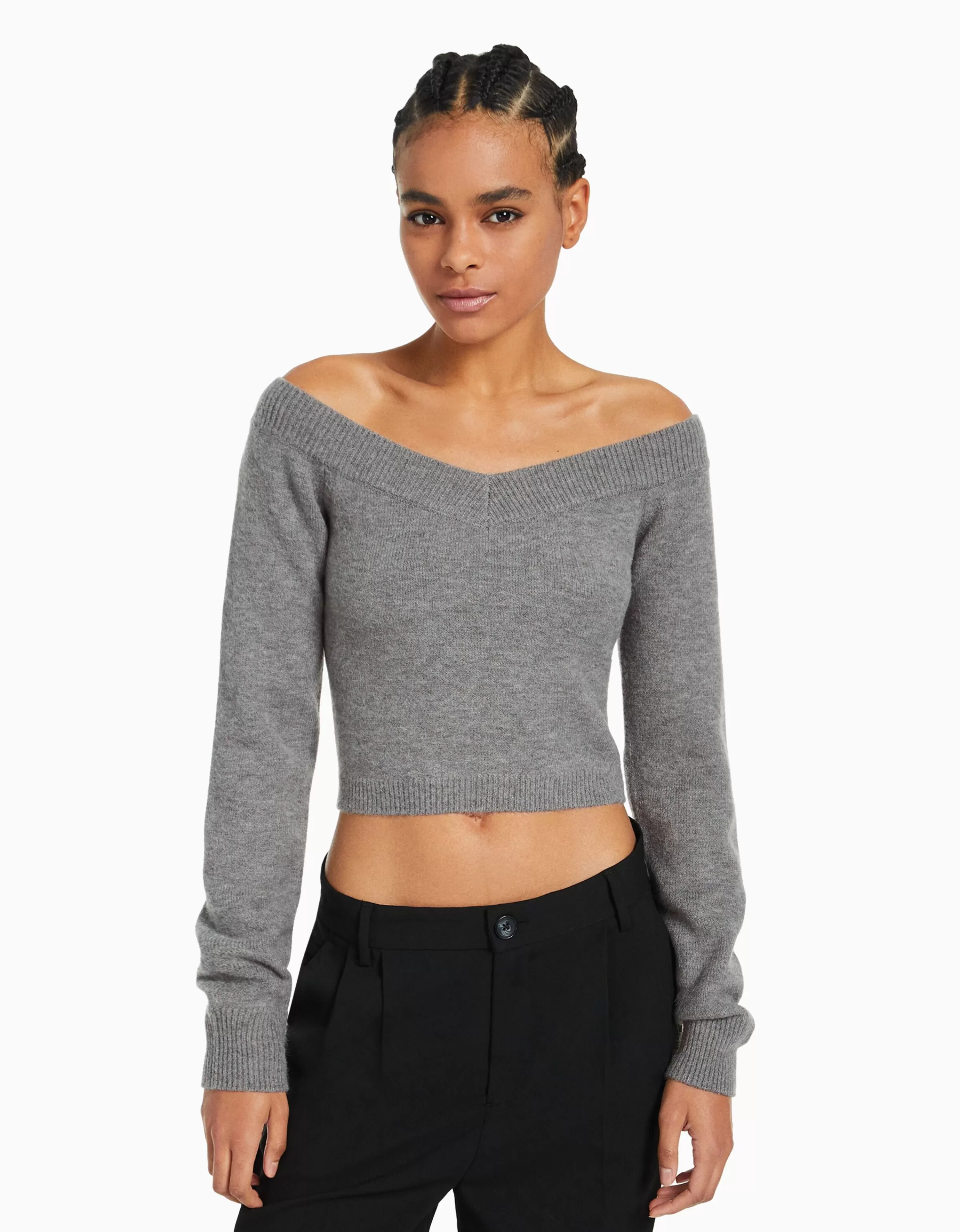 BERSHKA Maille*Pull court col en V Gris