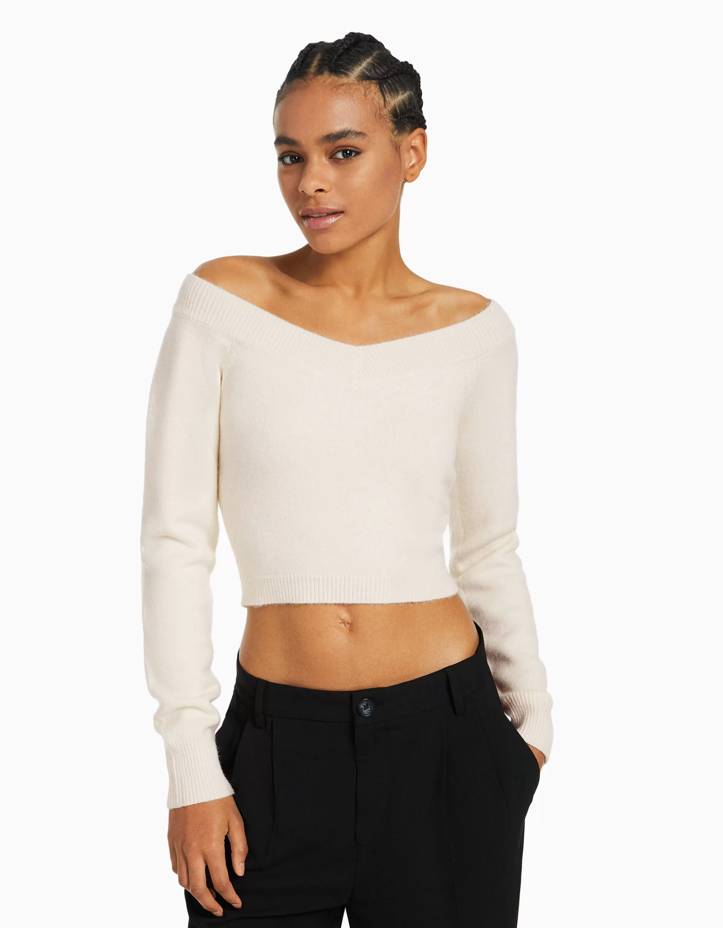 BERSHKA Maille*Pull court col en V Gris