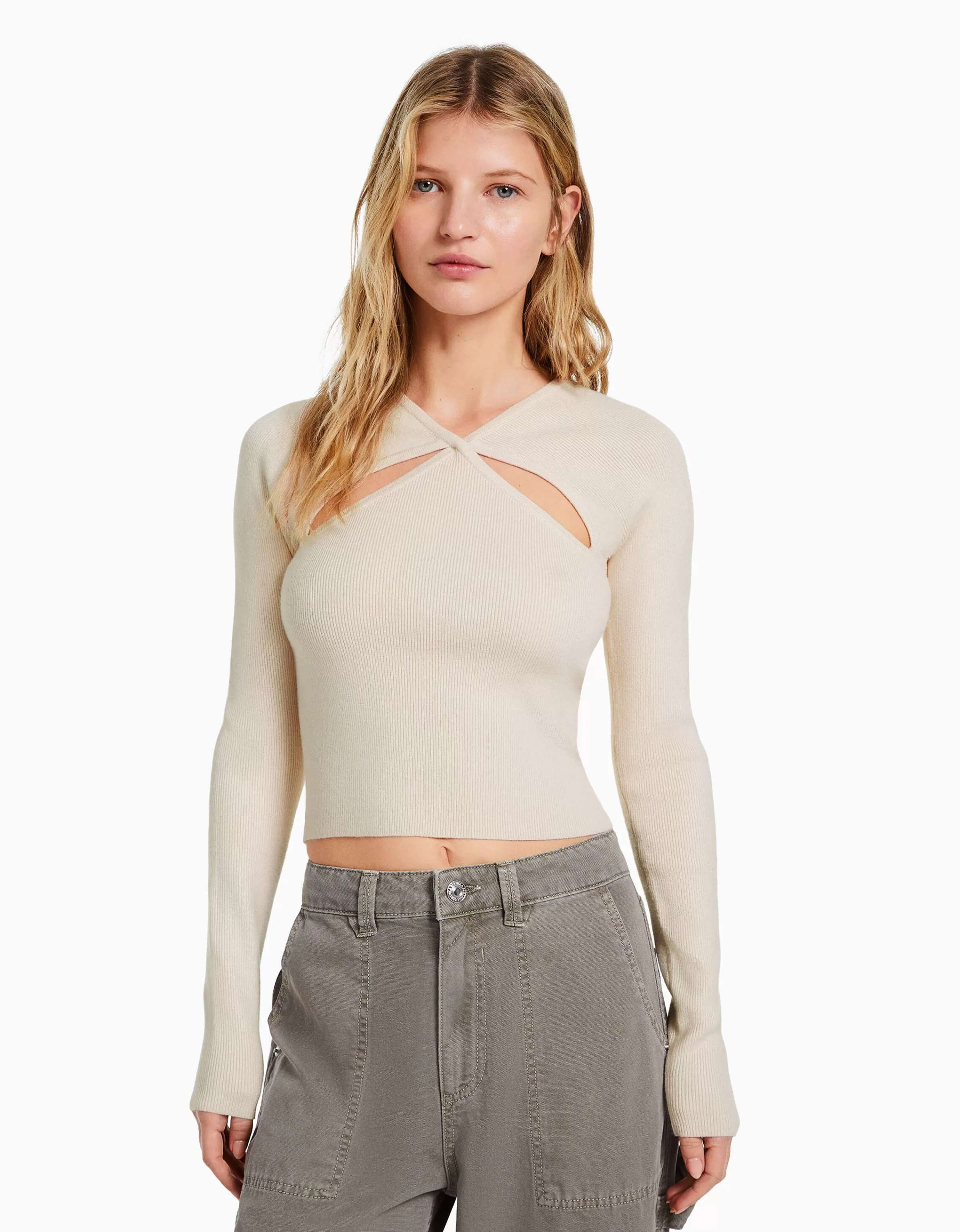 BERSHKA Maille*Pull croisé devant cut out Écru