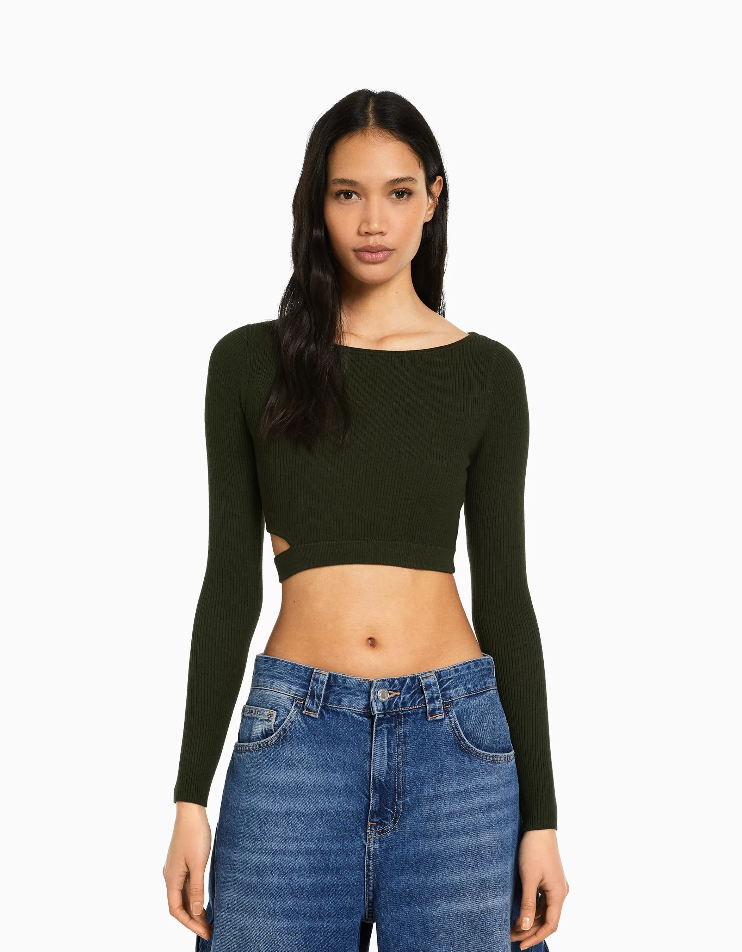 BERSHKA Maille*Pull cut out bord-côte Kaki