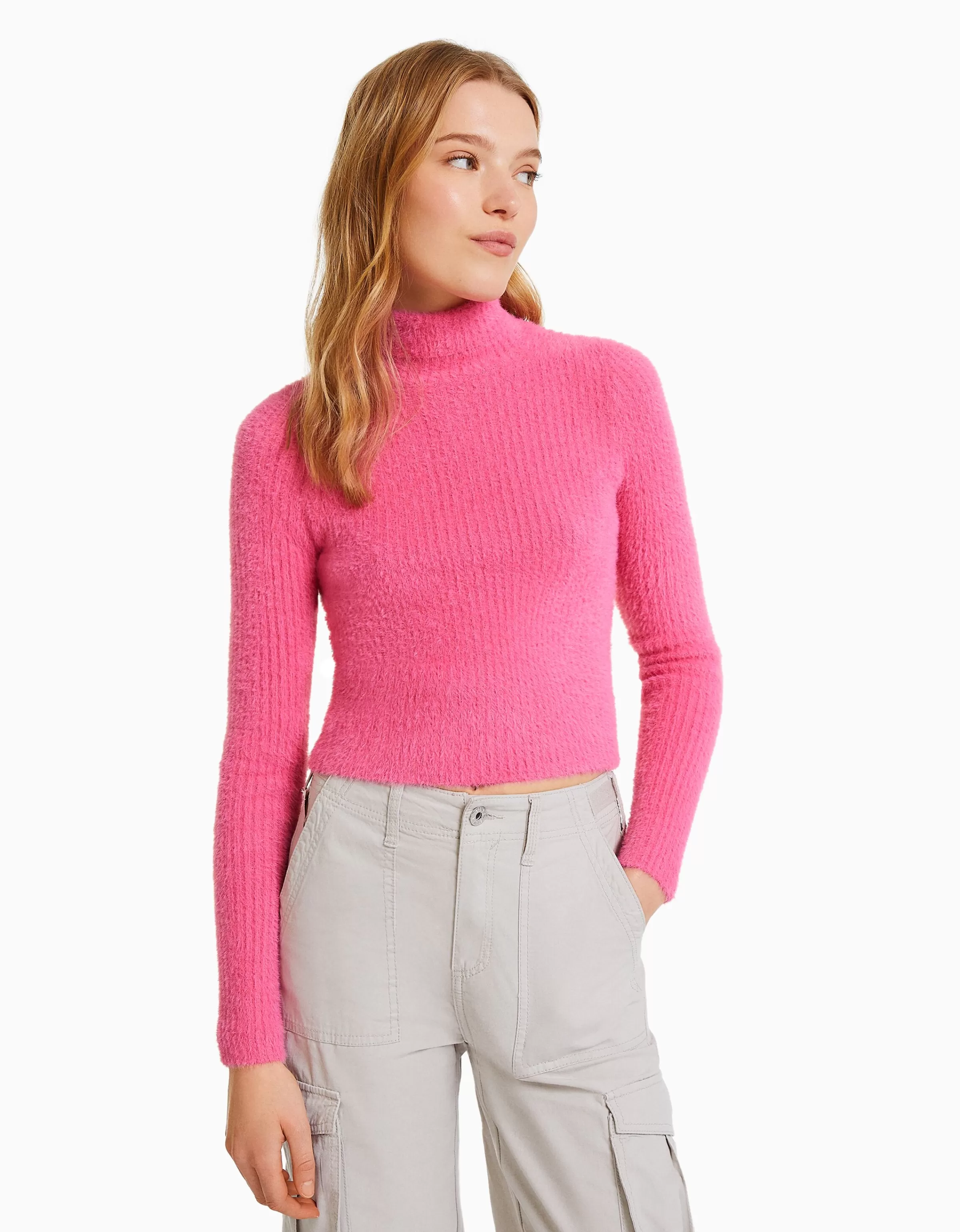 BERSHKA Pulls*Pull fausse fourrure col roulé Blanc