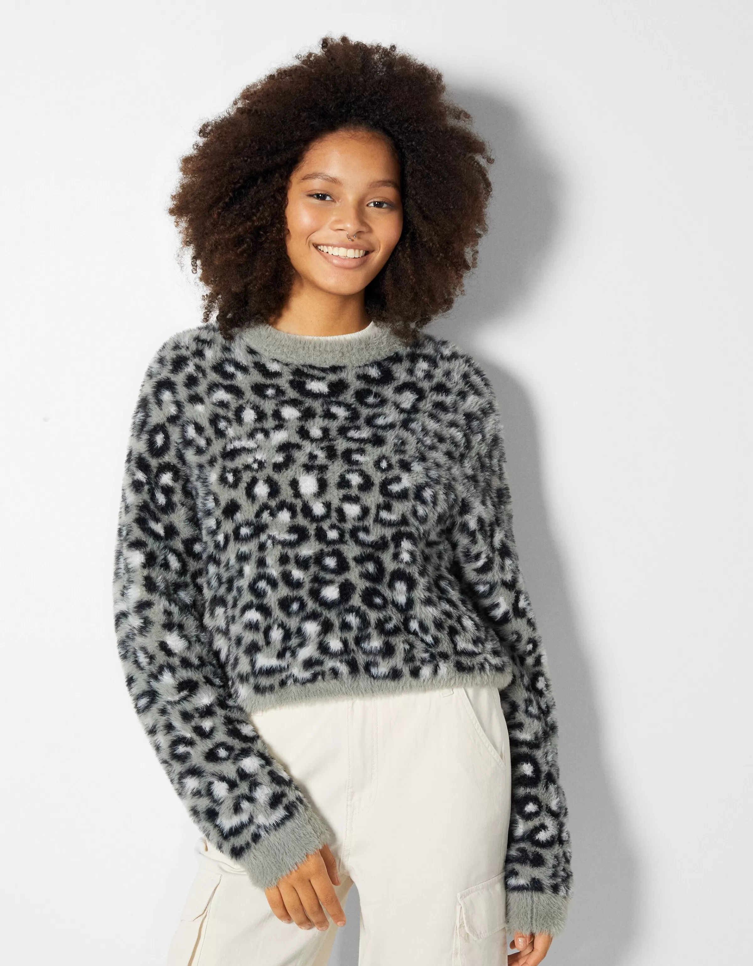 BERSHKA Maille*Pull jacquard imprimé animal Gris