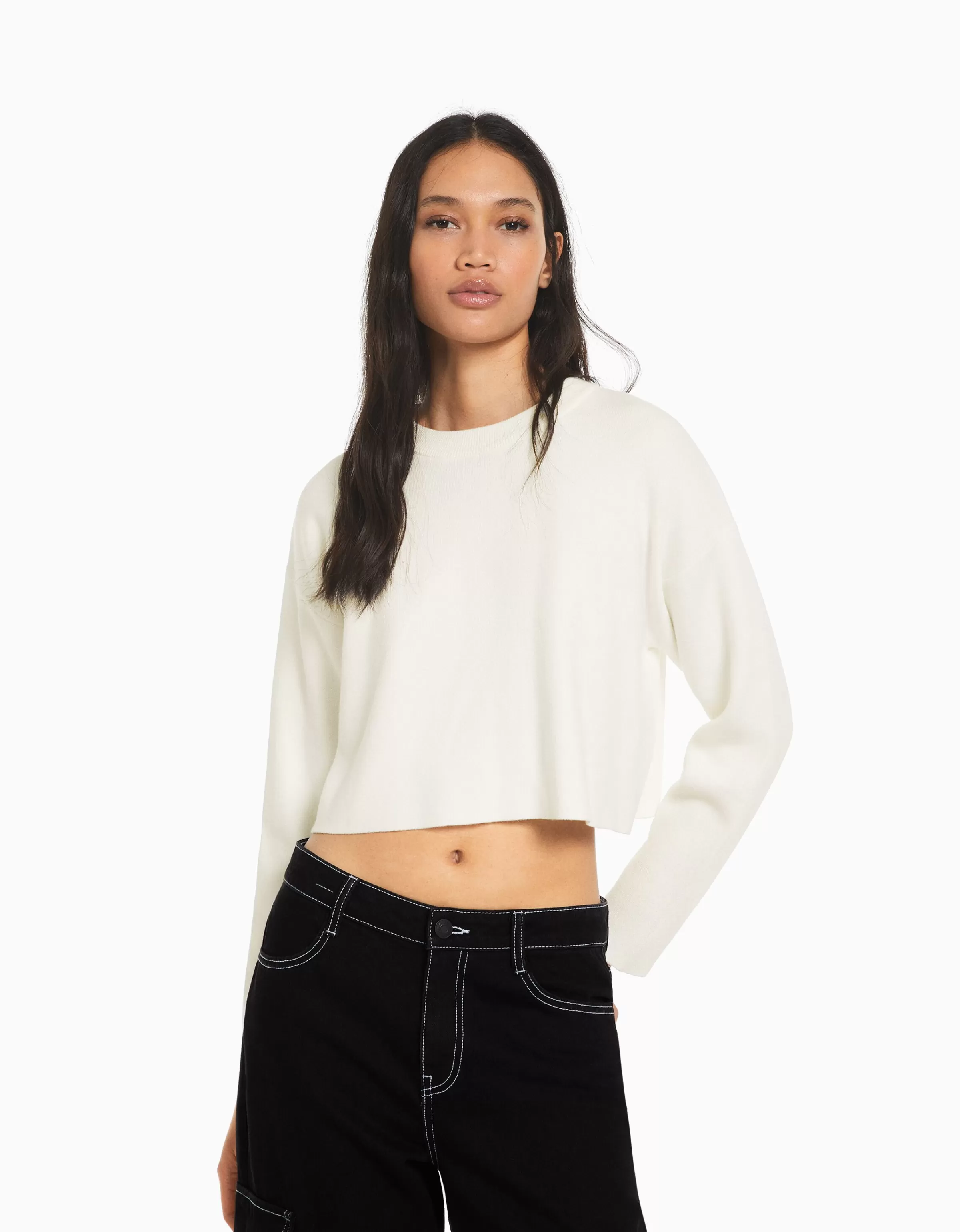 BERSHKA Maille*Pull maille col rond Blanc