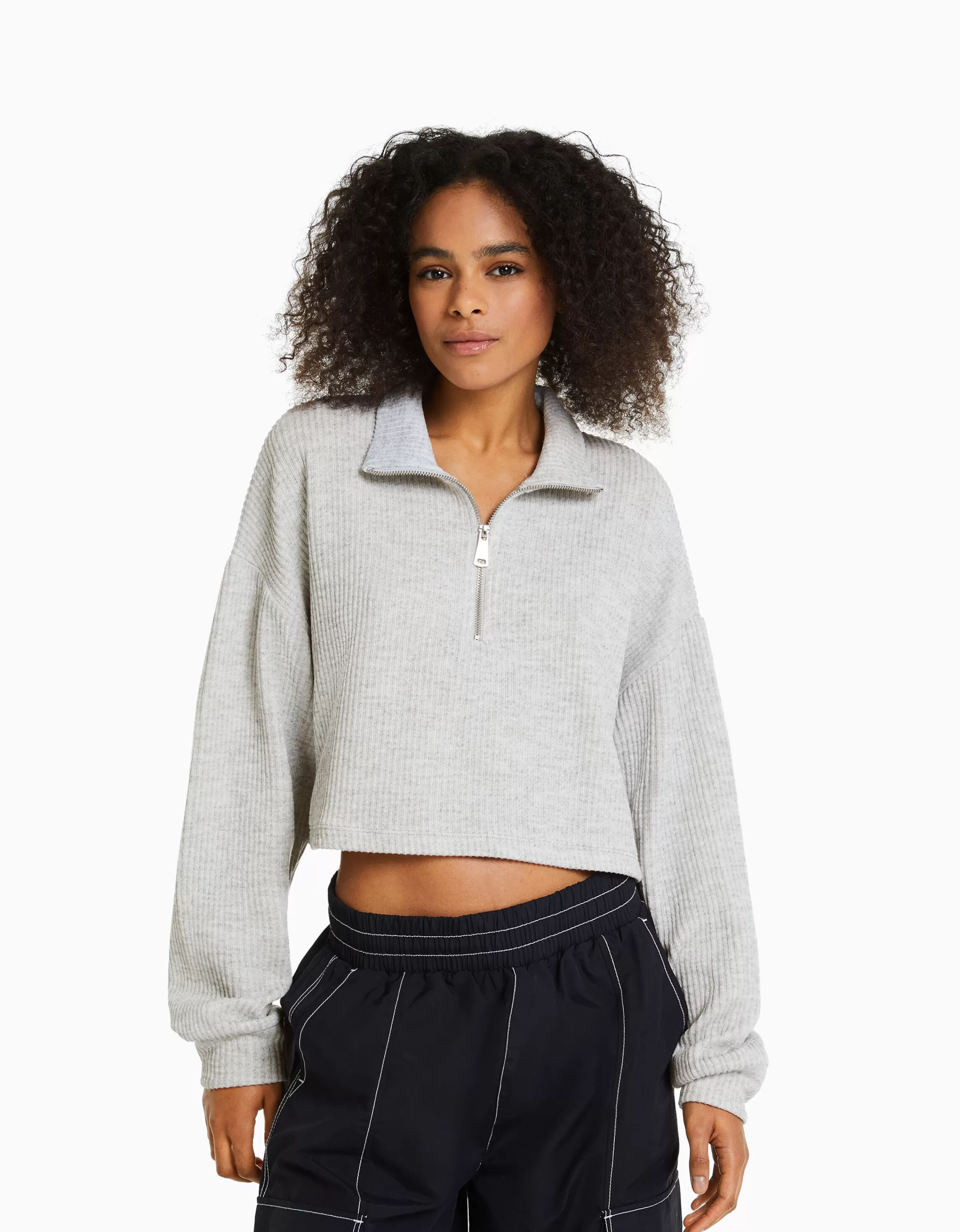 BERSHKA Pulls*Pull maille col roulé zippé Écru