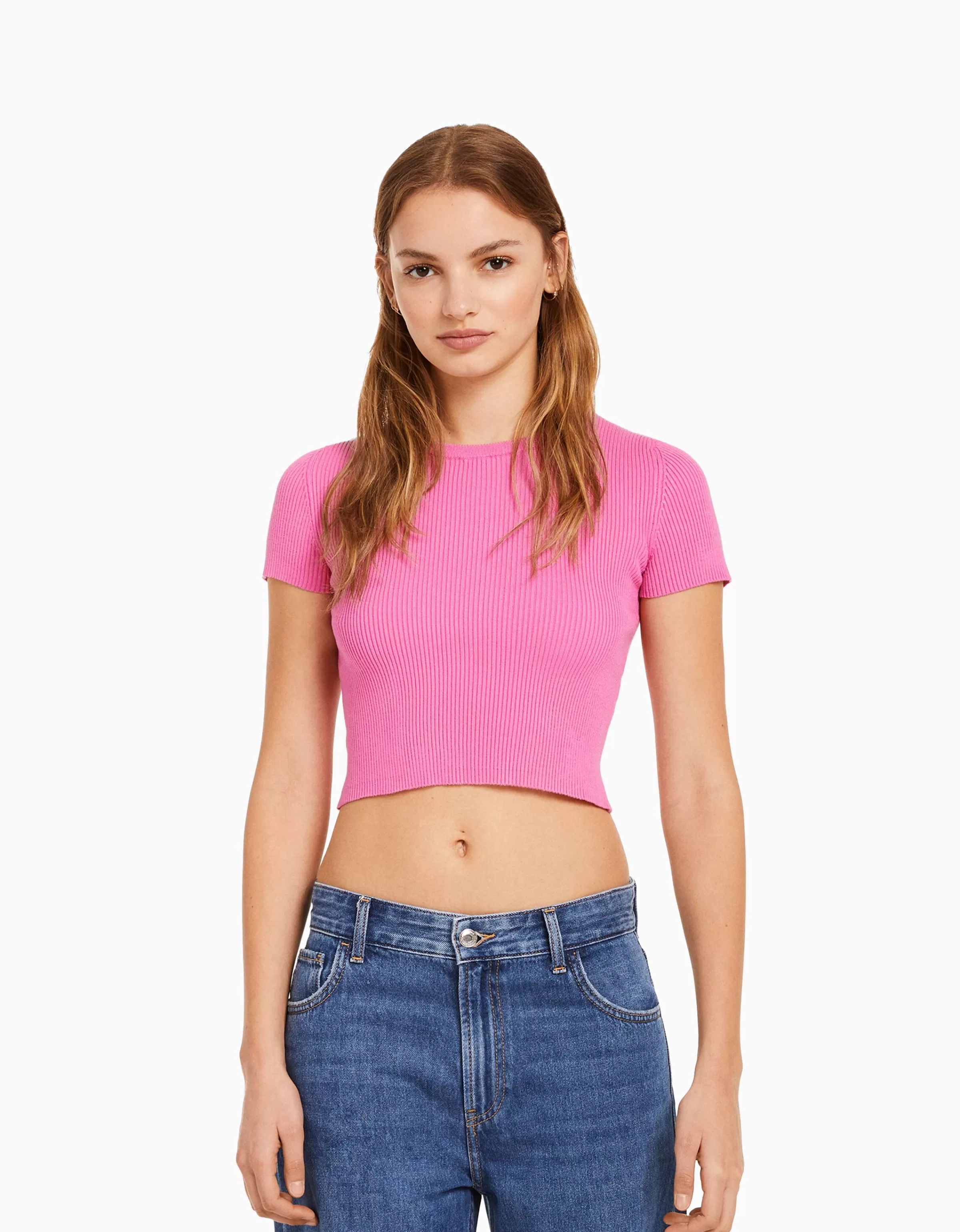 BERSHKA Tee-shirts*Pull manches courtes bord-côte Écru