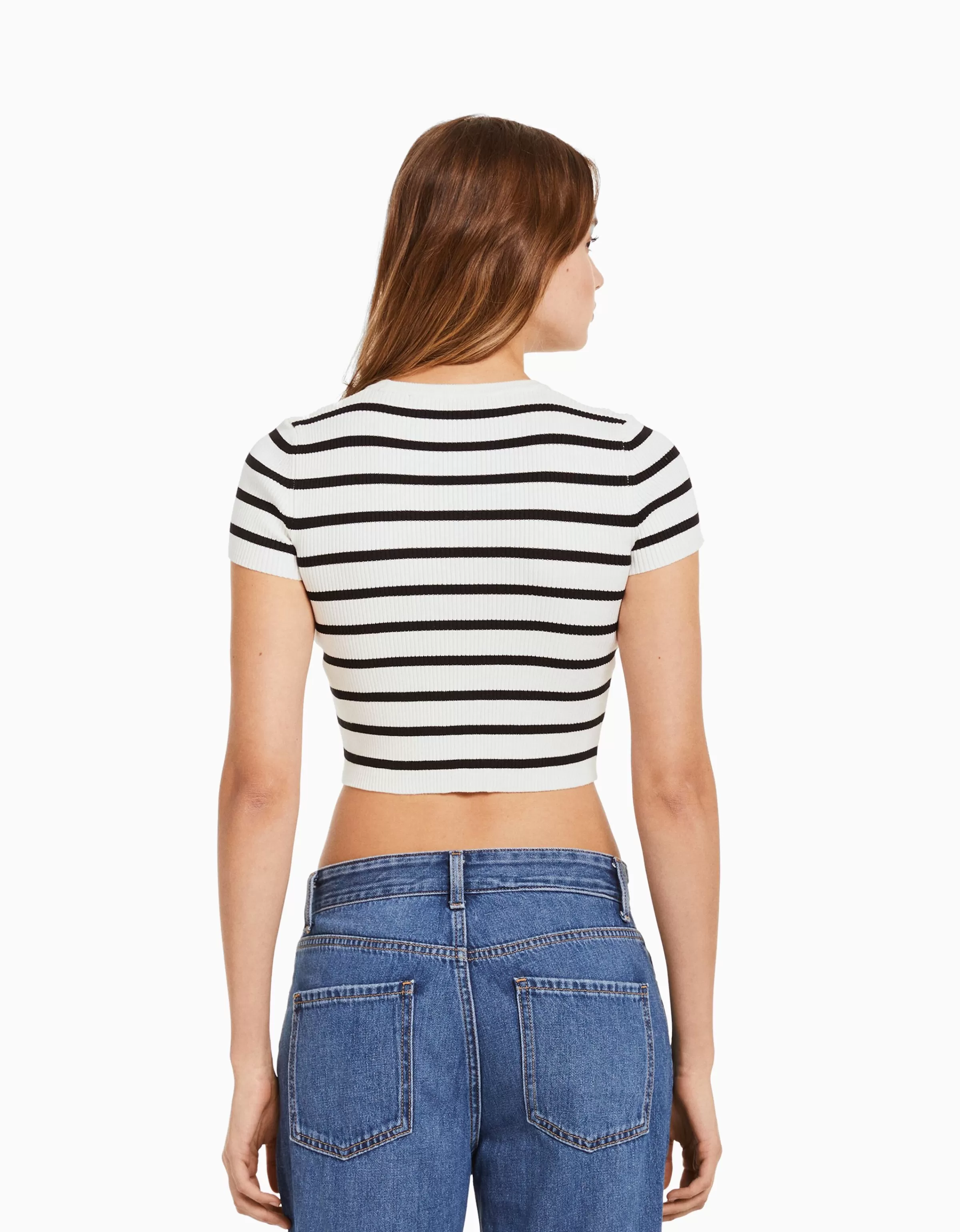 BERSHKA Tee-shirts*Pull manches courtes bord-côte Écru