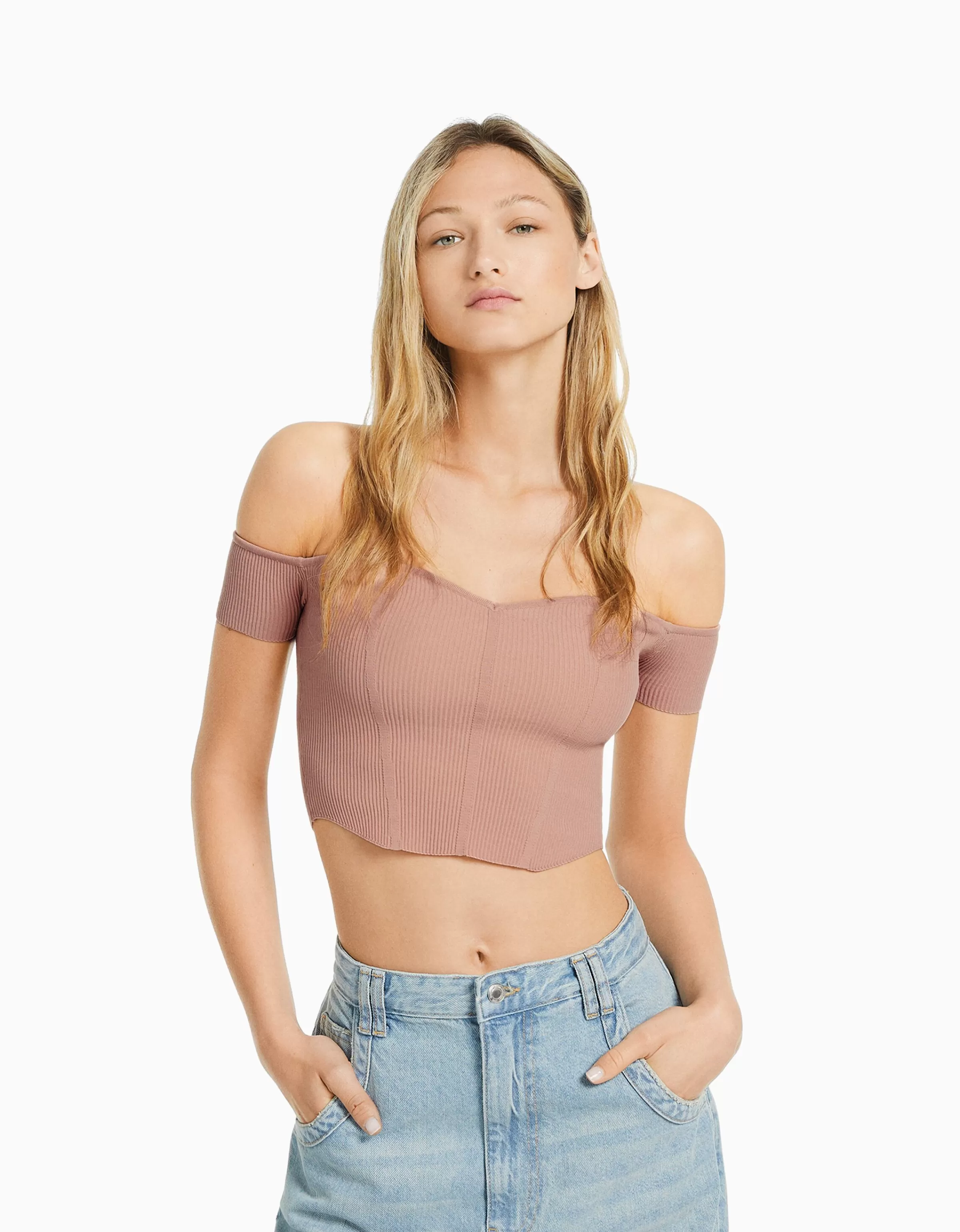 BERSHKA Tops et corsets*Pull manches courtes corset Bardot Beige