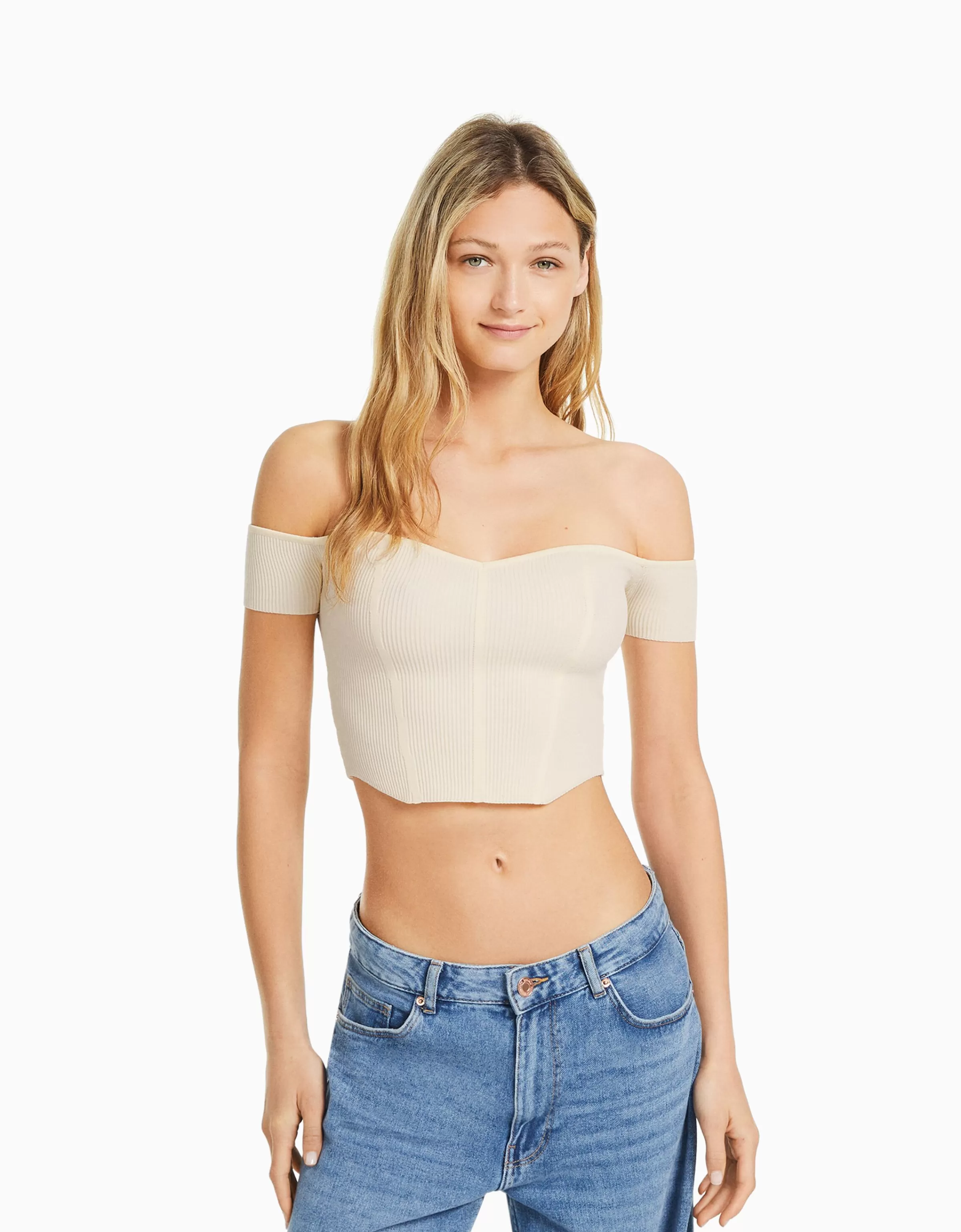 BERSHKA Tops et corsets*Pull manches courtes corset Bardot Beige