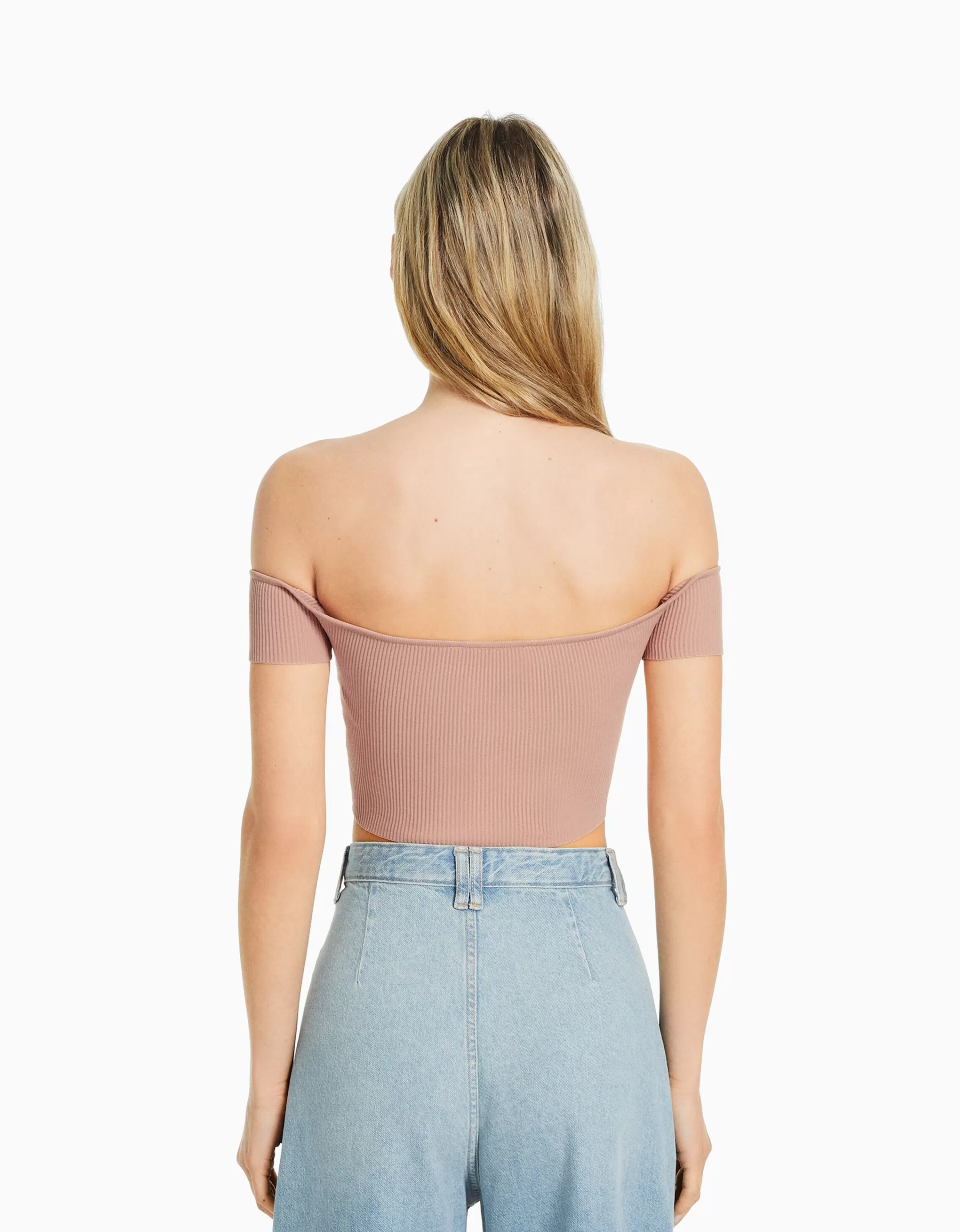 BERSHKA Tops et corsets*Pull manches courtes corset Bardot Beige