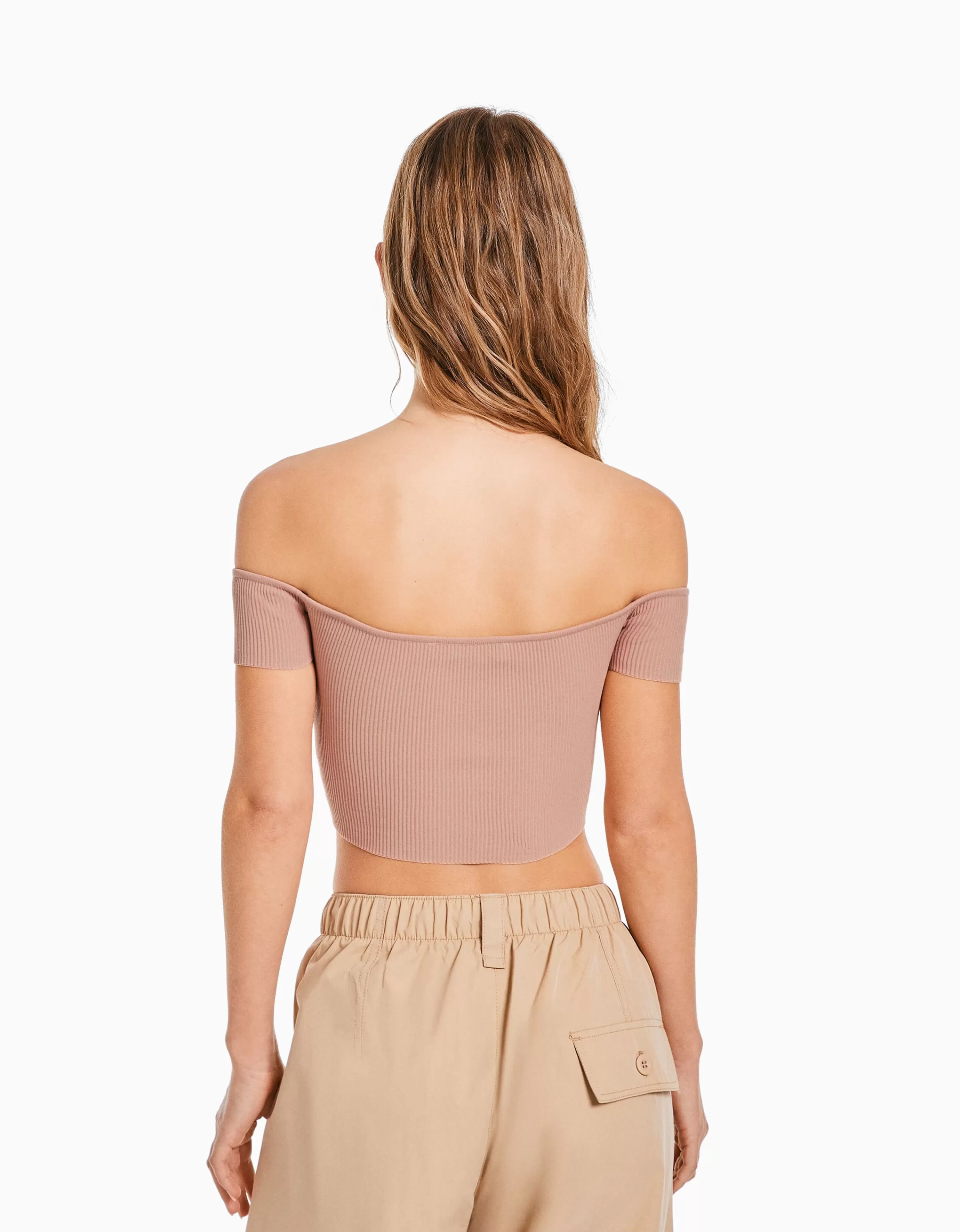 BERSHKA Tops et corsets*Pull manches courtes corset Bardot Beige