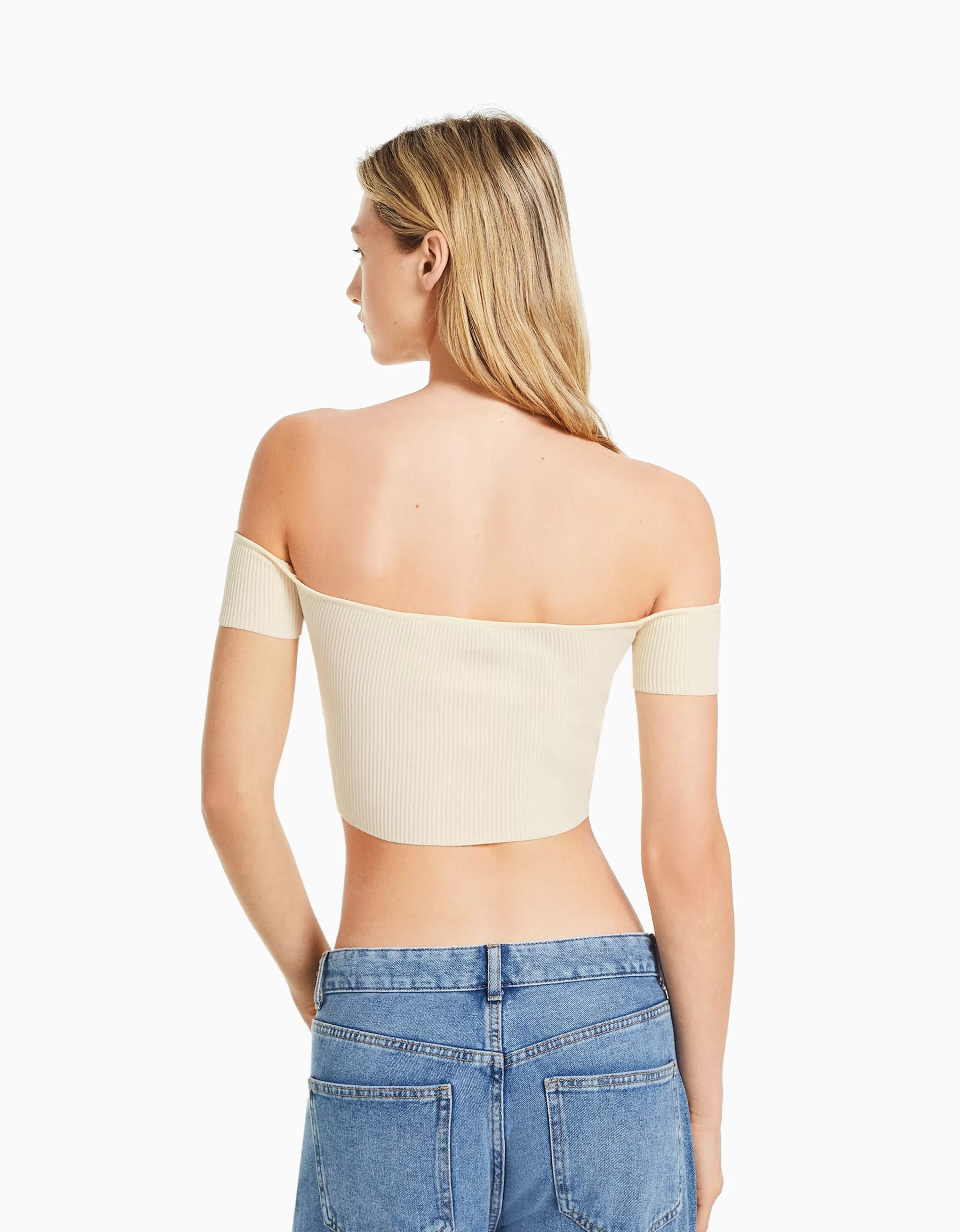 BERSHKA Tops et corsets*Pull manches courtes corset Bardot Beige