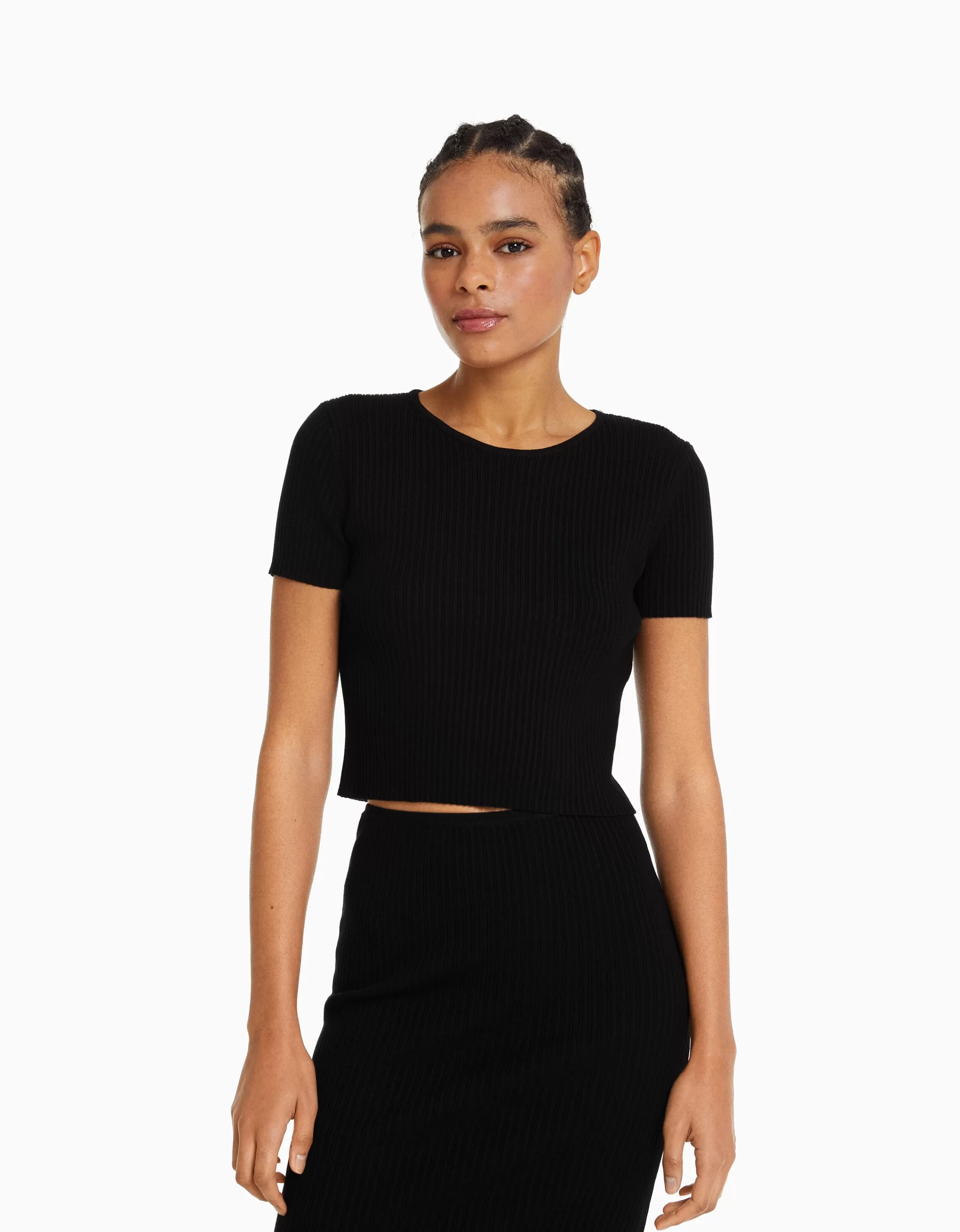 BERSHKA Tee-shirts*Pull manches courtes dos nu bord-côte Noir