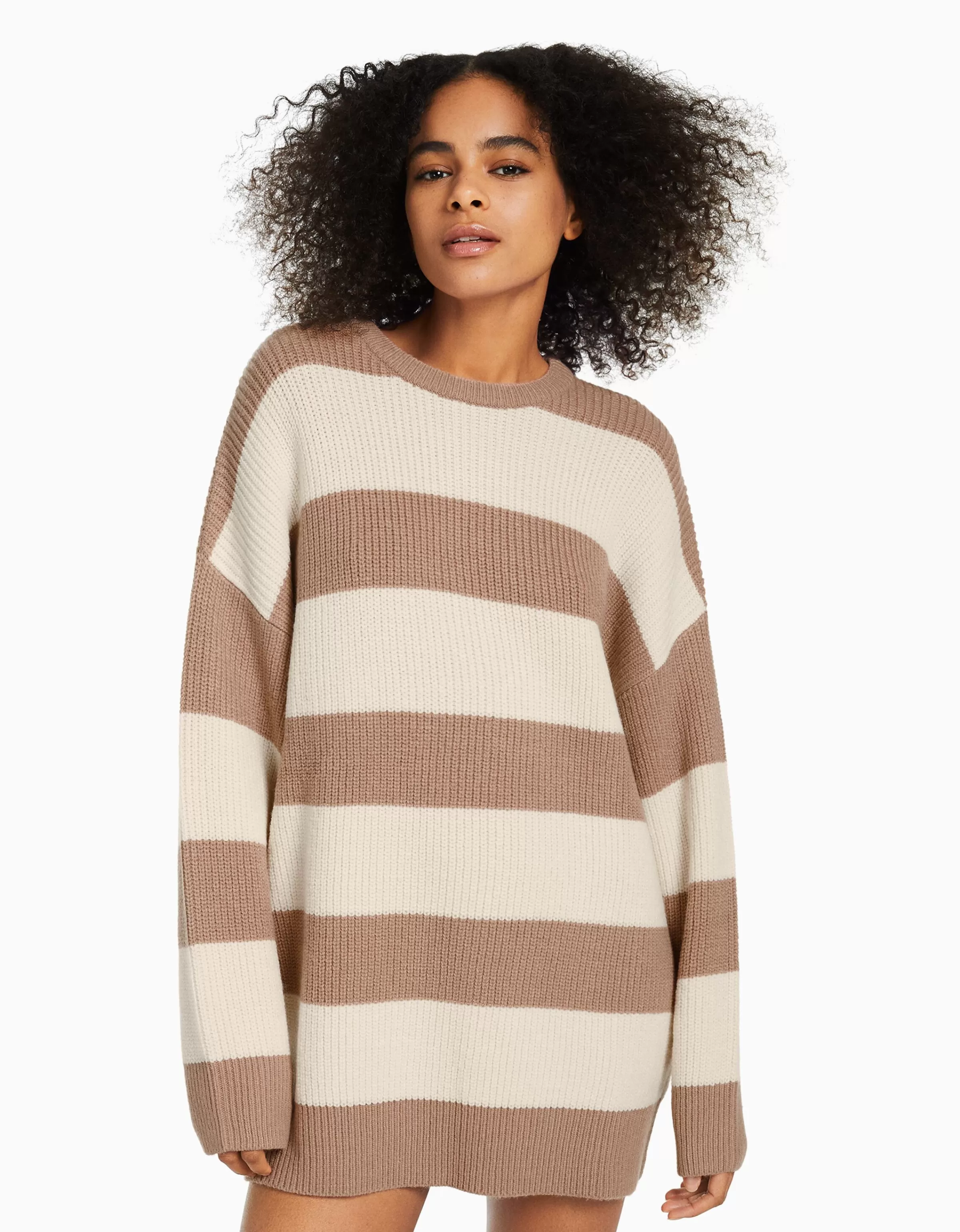 BERSHKA Maille*Pull rayé à col rond Sable